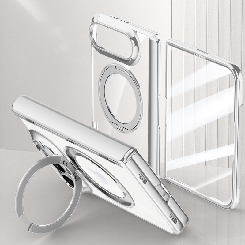 iPhone Duo Clear Magnetic Case - 360° Rotating Ring Stand & Hinge Shield [Silver]