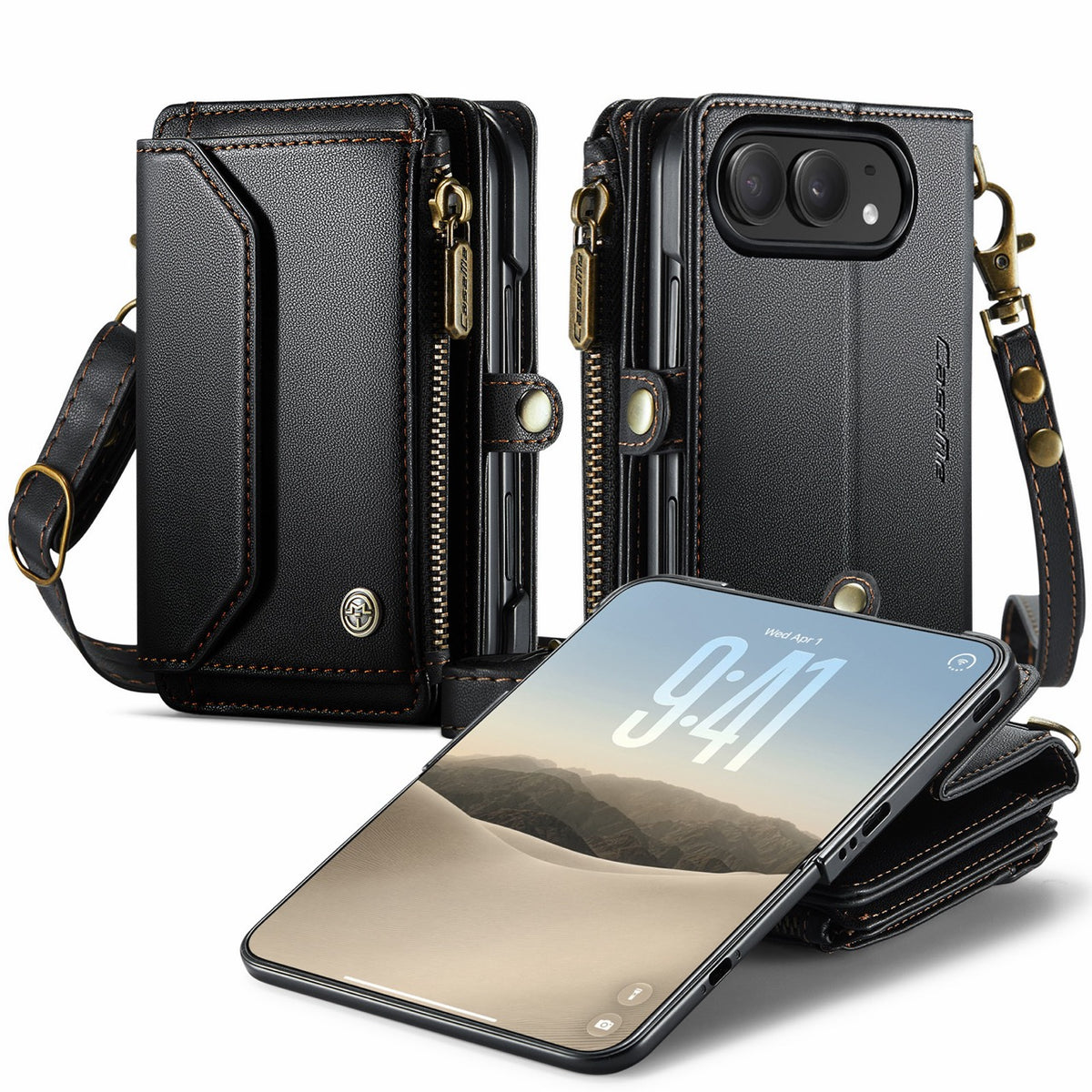 iPhone Duo CaseMe Crossbody Wallet Case with Strap, Card Slots & Zipper Pocket [Black]