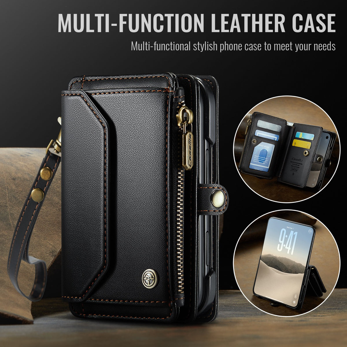 iPhone Duo CaseMe Crossbody Wallet Case with Strap, Card Slots & Zipper Pocket [Black]