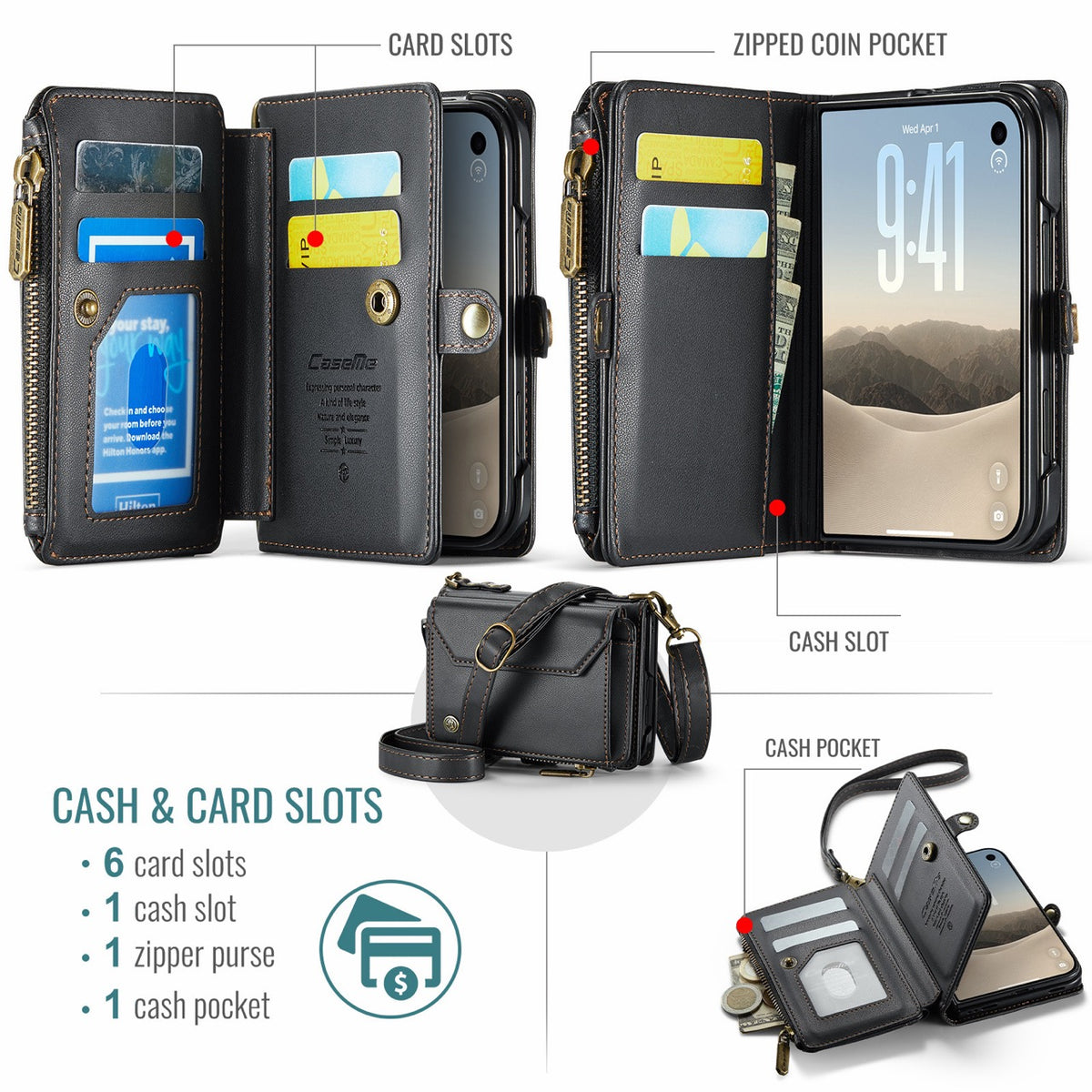 iPhone Duo CaseMe Crossbody Wallet Case with Strap, Card Slots & Zipper Pocket [Black]