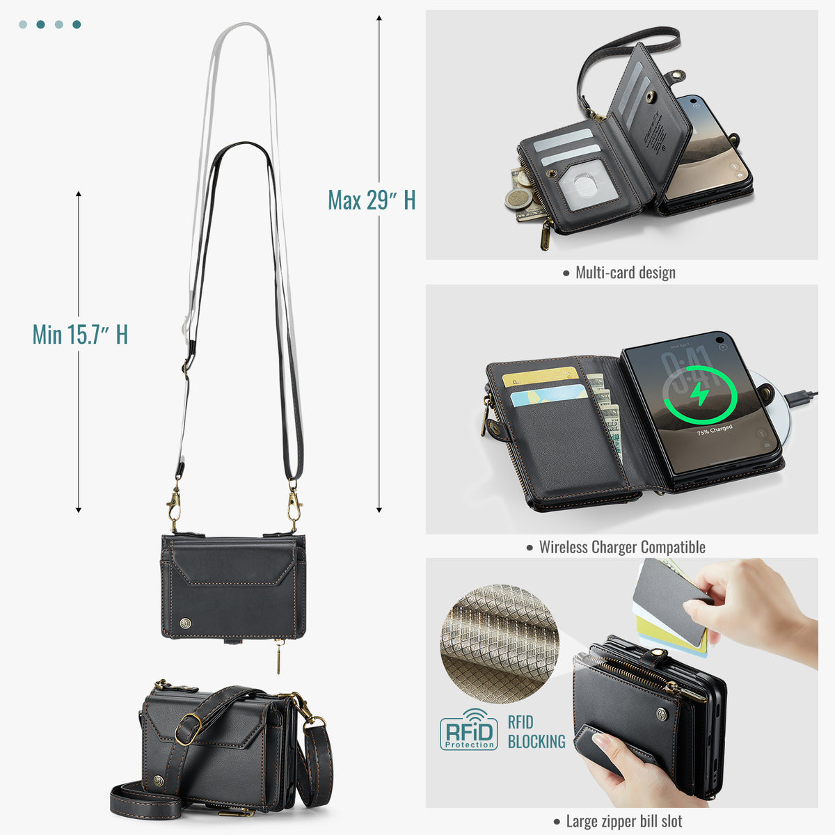 iPhone Duo CaseMe Crossbody Wallet Case with Strap, Card Slots & Zipper Pocket [Black]