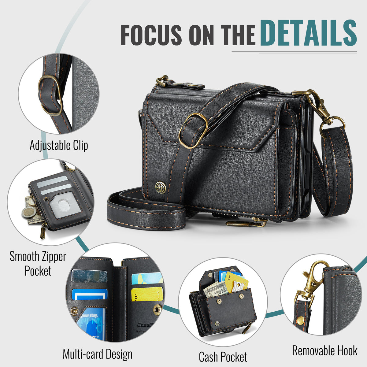 iPhone Duo CaseMe Crossbody Wallet Case with Strap, Card Slots & Zipper Pocket [Black]