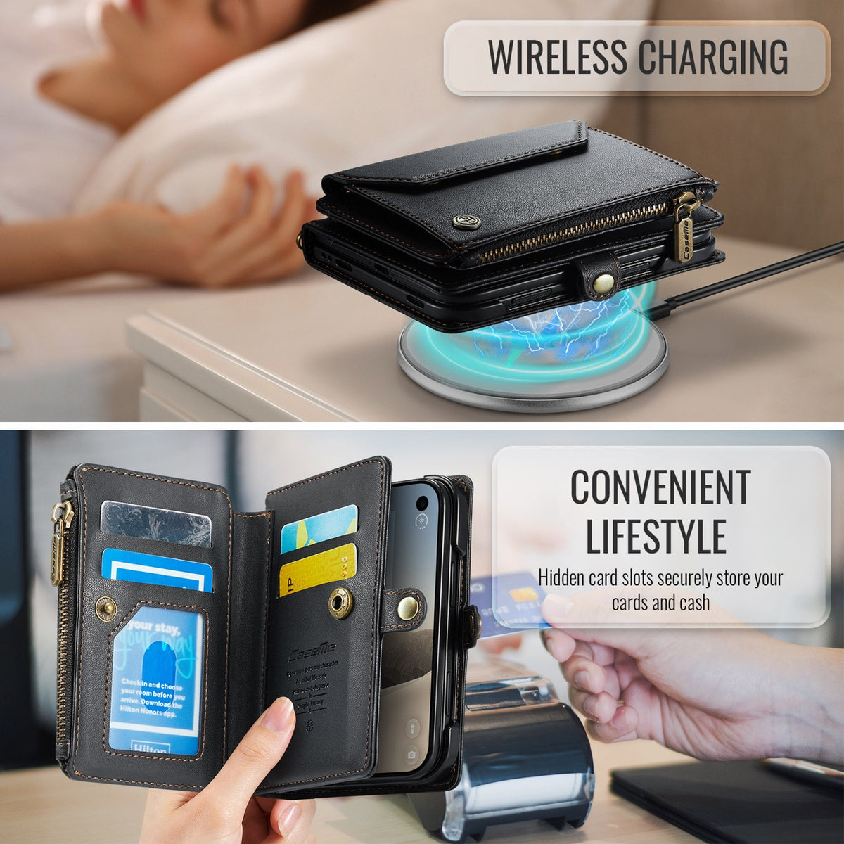 iPhone Duo CaseMe Crossbody Wallet Case with Strap, Card Slots & Zipper Pocket [Black]