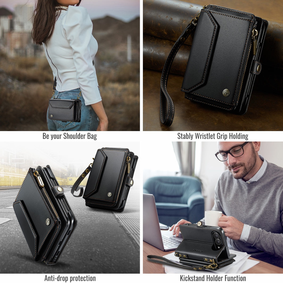 iPhone Duo CaseMe Crossbody Wallet Case with Strap, Card Slots & Zipper Pocket [Black]
