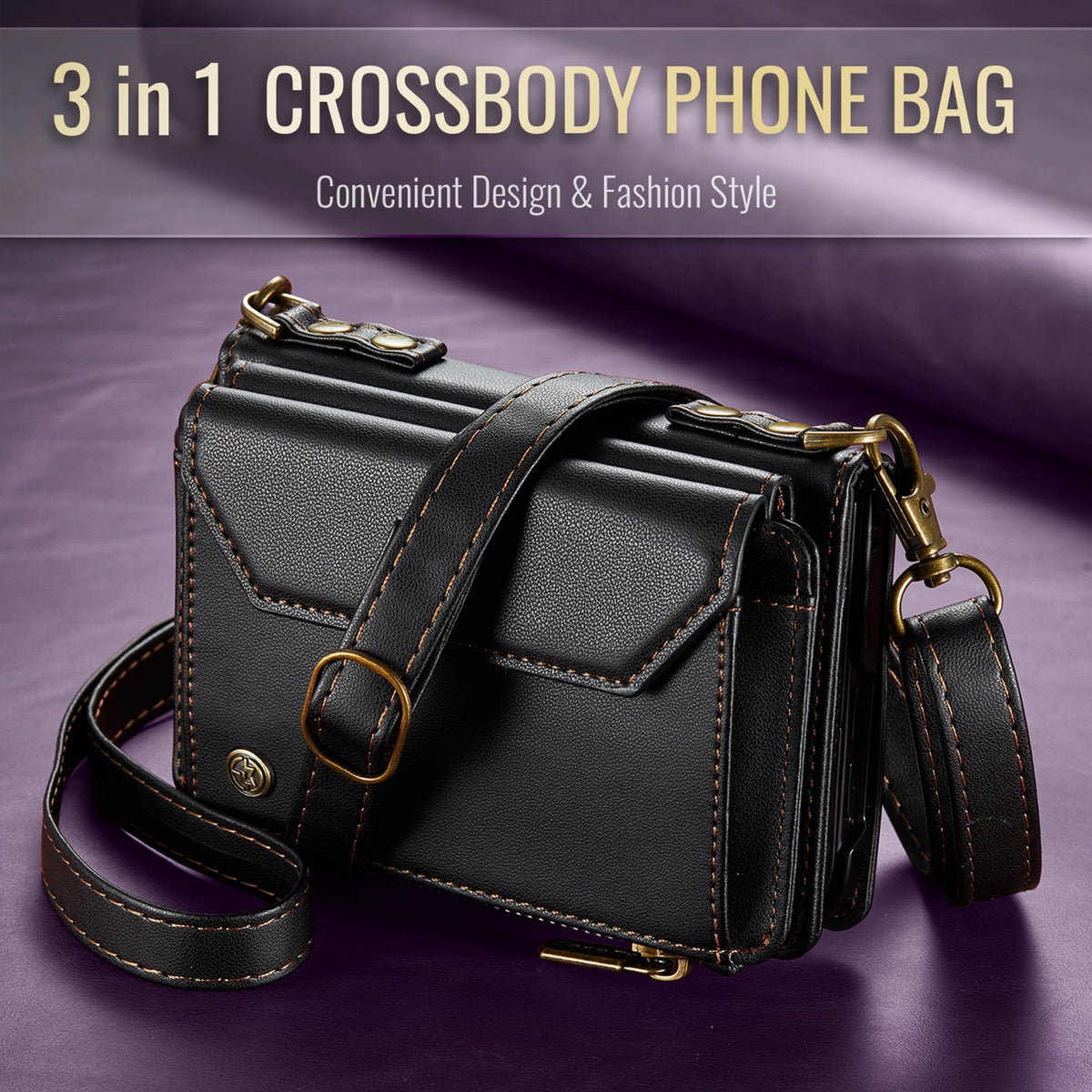iPhone Duo CaseMe Crossbody Wallet Case with Strap, Card Slots & Zipper Pocket [Black]