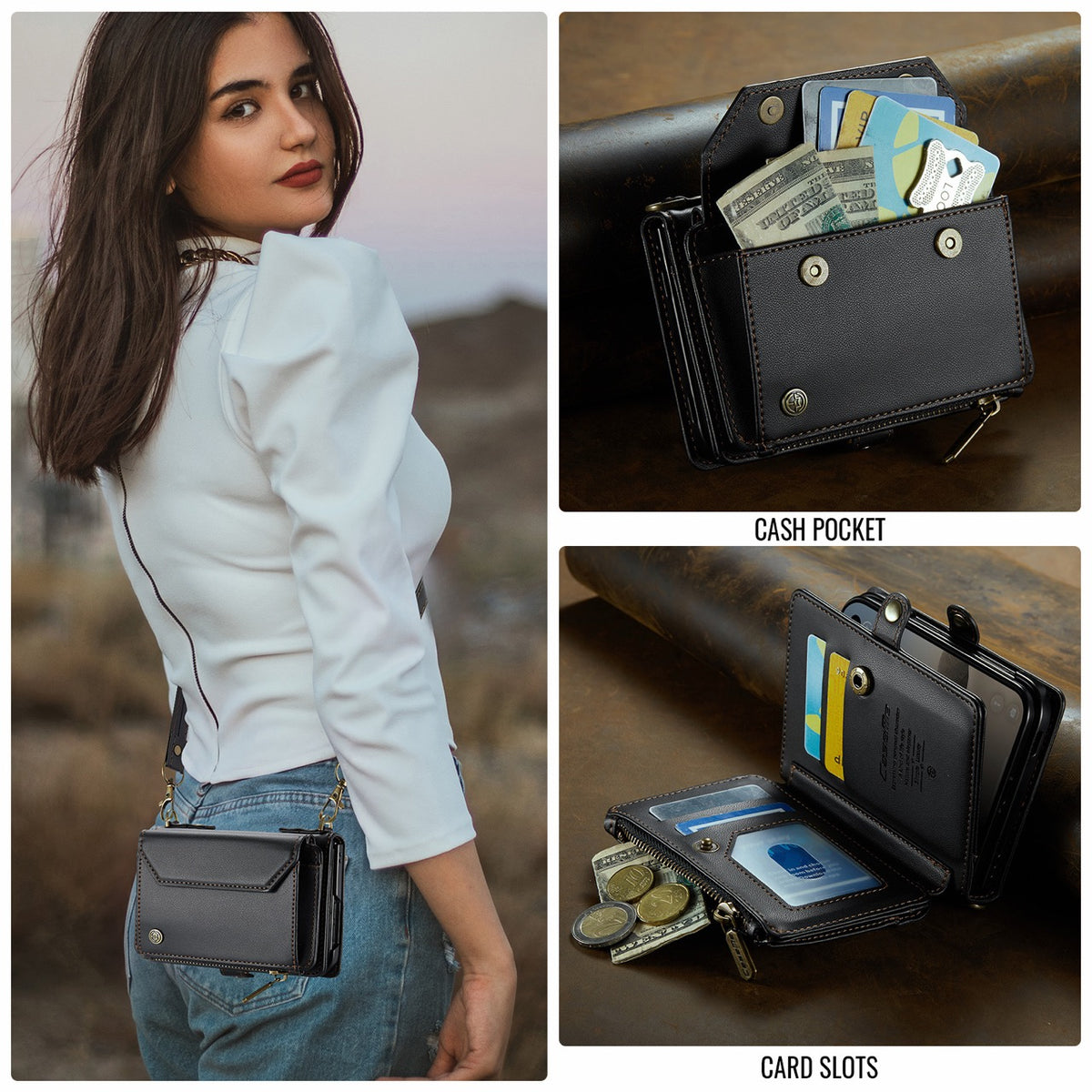 iPhone Duo CaseMe Crossbody Wallet Case with Strap, Card Slots & Zipper Pocket [Black]