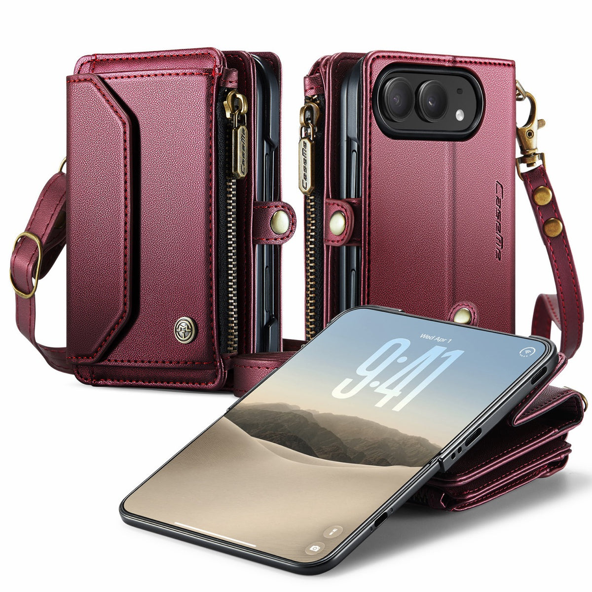 iPhone Duo CaseMe Crossbody Wallet Case with Strap, Card Slots & Zipper Pocket [Maroon]