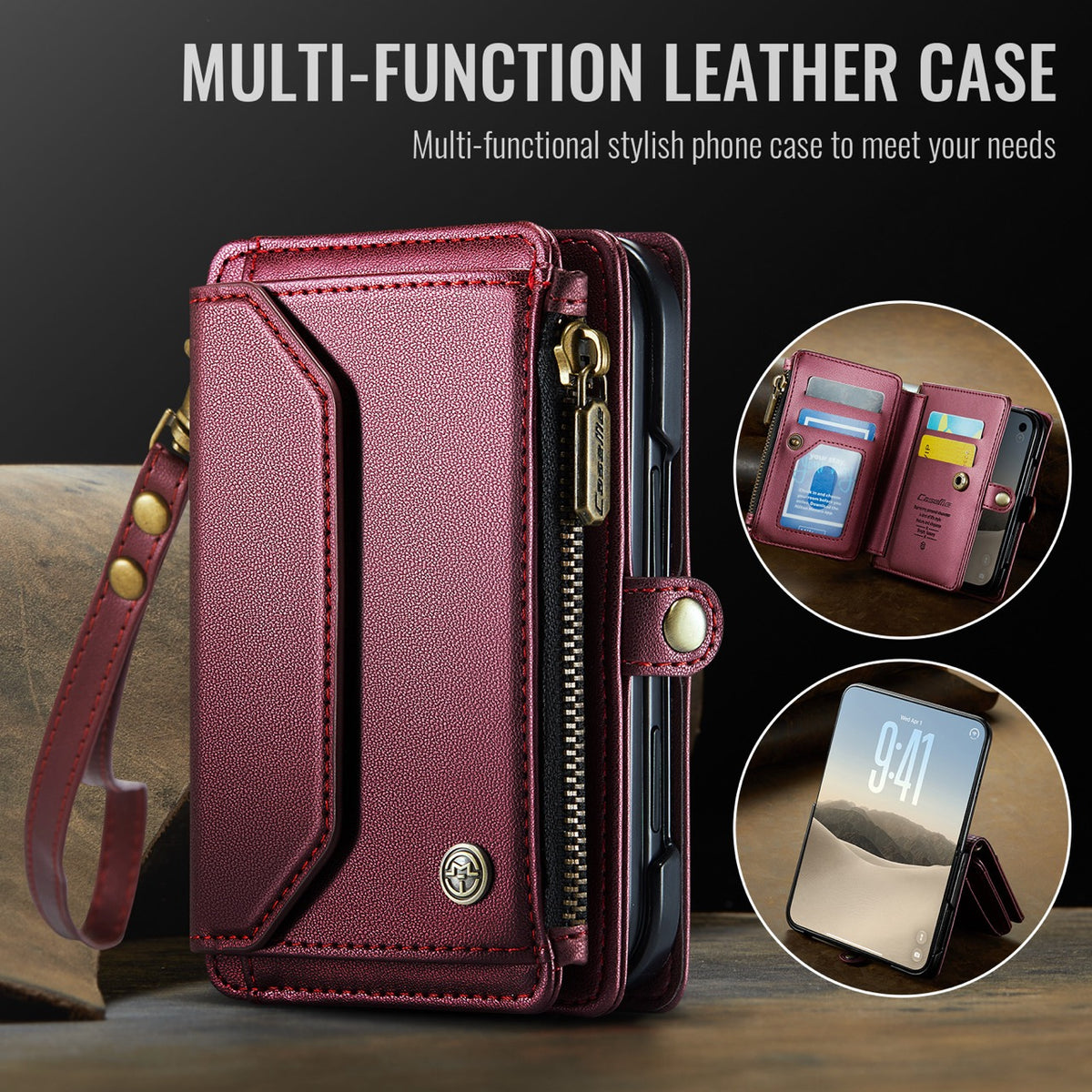 iPhone Duo CaseMe Crossbody Wallet Case with Strap, Card Slots & Zipper Pocket [Maroon]