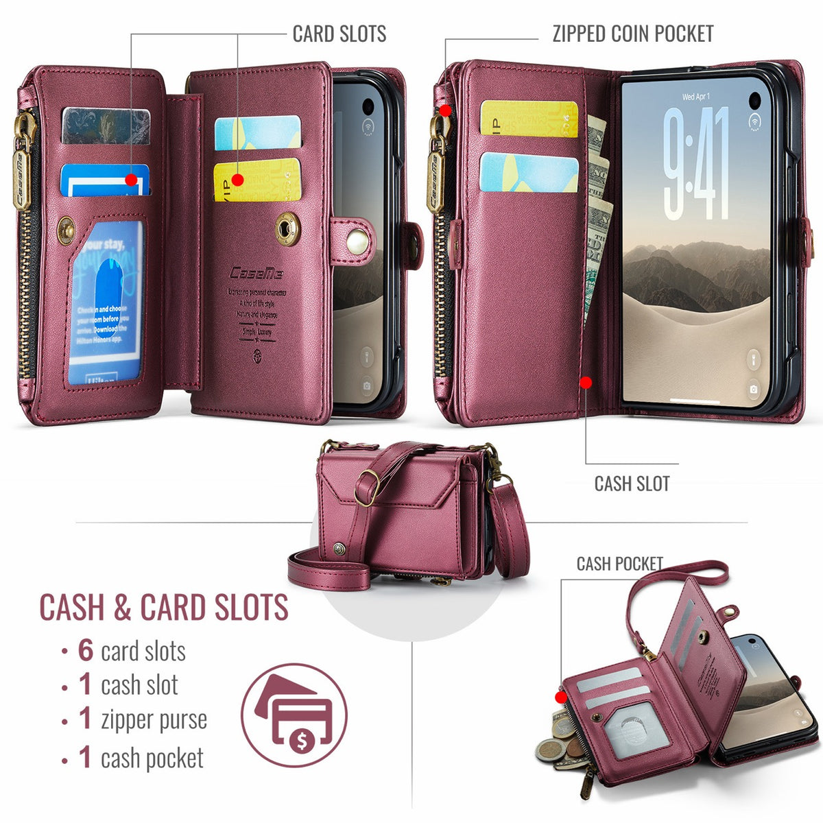 iPhone Duo CaseMe Crossbody Wallet Case with Strap, Card Slots & Zipper Pocket [Maroon]