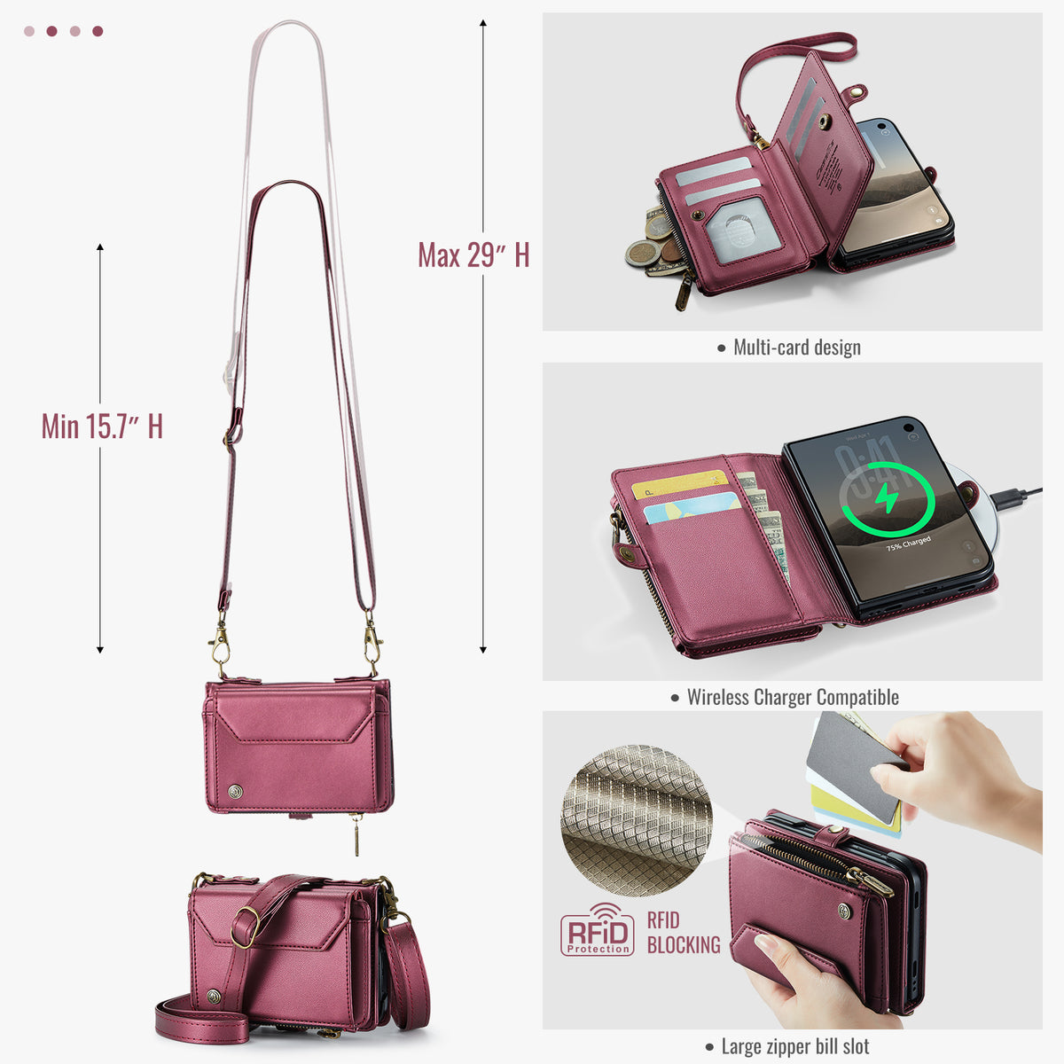 iPhone Duo CaseMe Crossbody Wallet Case with Strap, Card Slots & Zipper Pocket [Maroon]