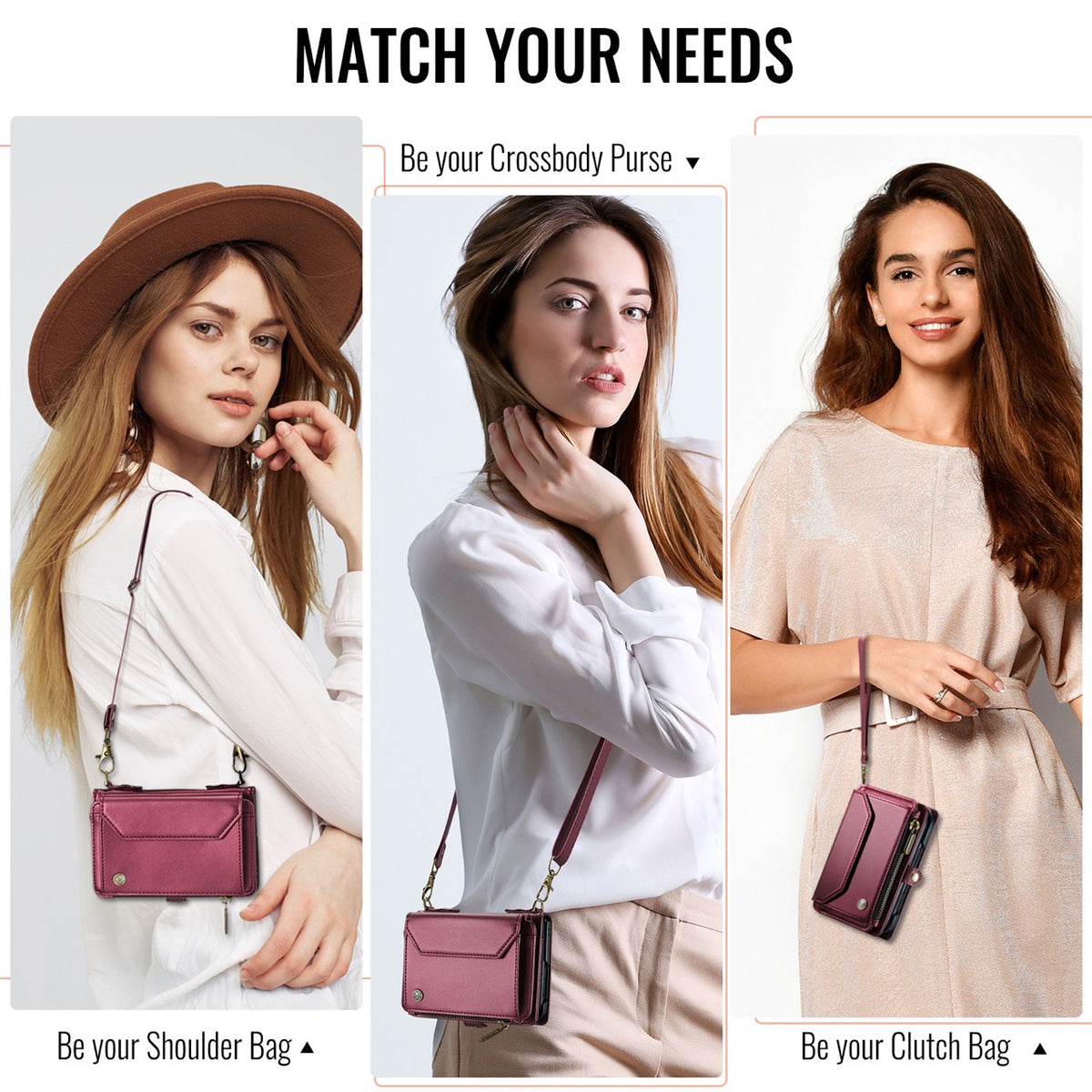 iPhone Duo CaseMe Crossbody Wallet Case with Strap, Card Slots & Zipper Pocket [Maroon]