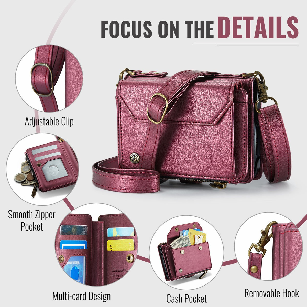 iPhone Duo CaseMe Crossbody Wallet Case with Strap, Card Slots & Zipper Pocket [Maroon]