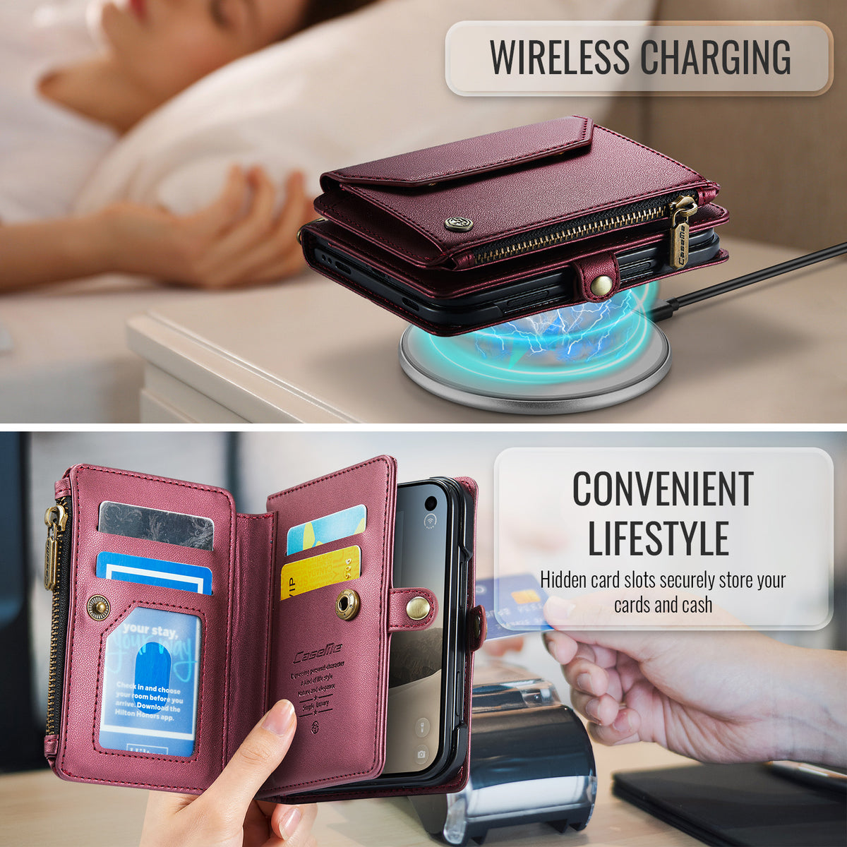 iPhone Duo CaseMe Crossbody Wallet Case with Strap, Card Slots & Zipper Pocket [Maroon]