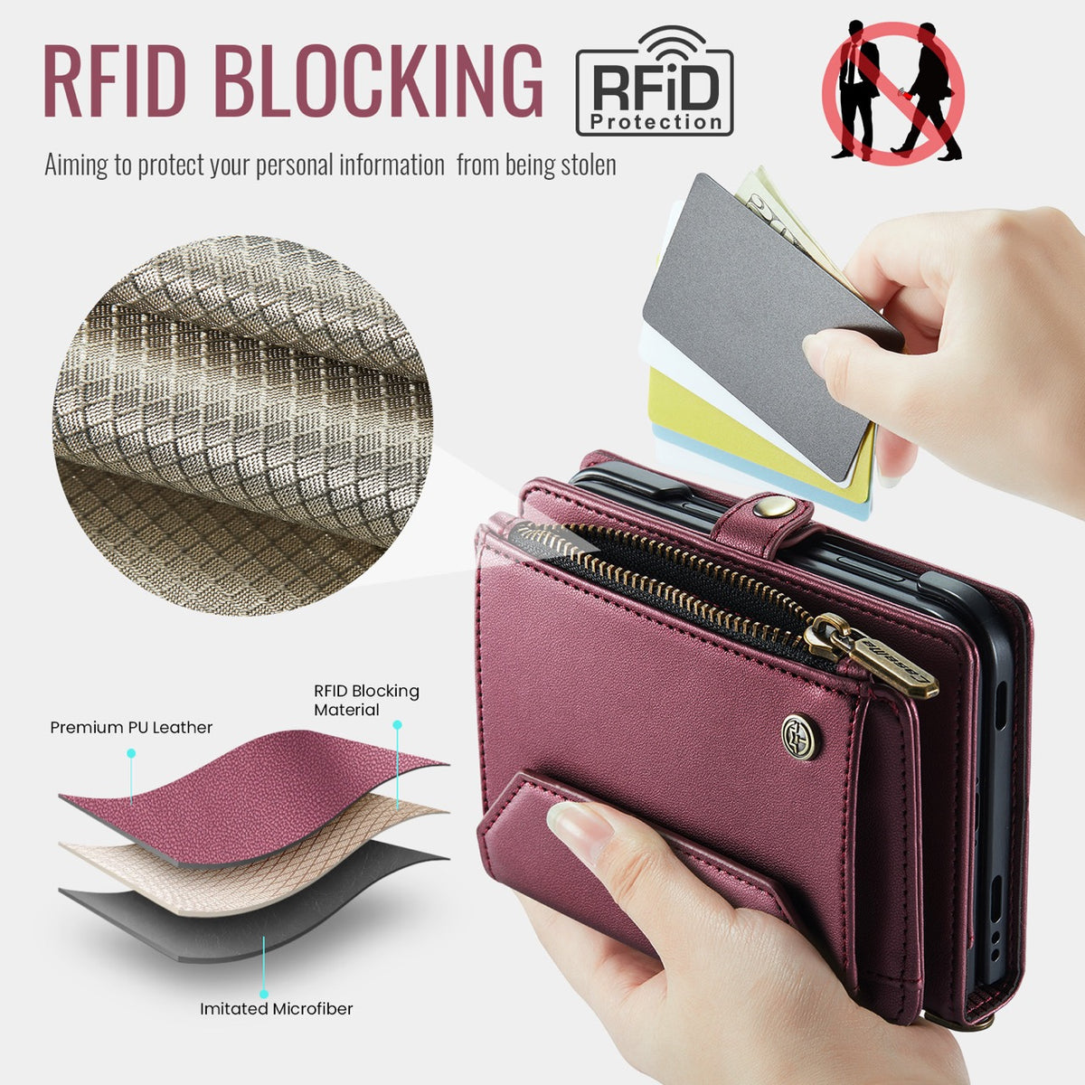 iPhone Duo CaseMe Crossbody Wallet Case with Strap, Card Slots & Zipper Pocket [Maroon]