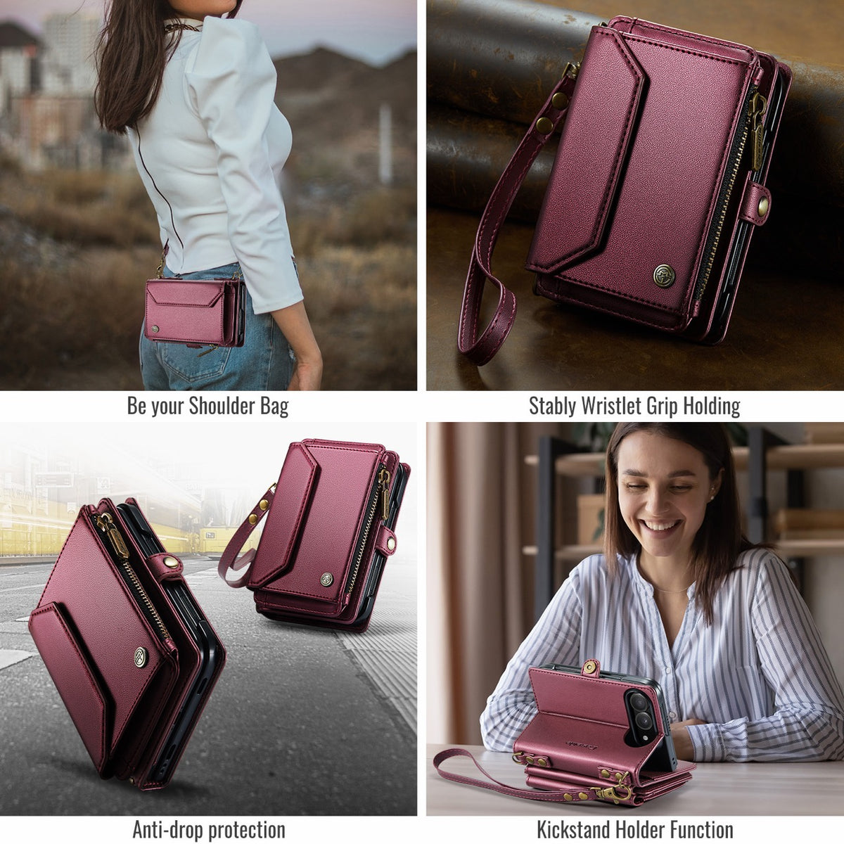 iPhone Duo CaseMe Crossbody Wallet Case with Strap, Card Slots & Zipper Pocket [Maroon]