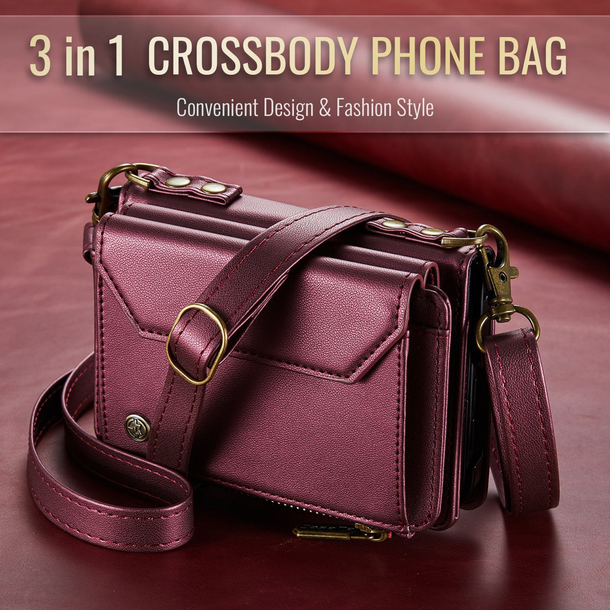 iPhone Duo CaseMe Crossbody Wallet Case with Strap, Card Slots & Zipper Pocket [Maroon]