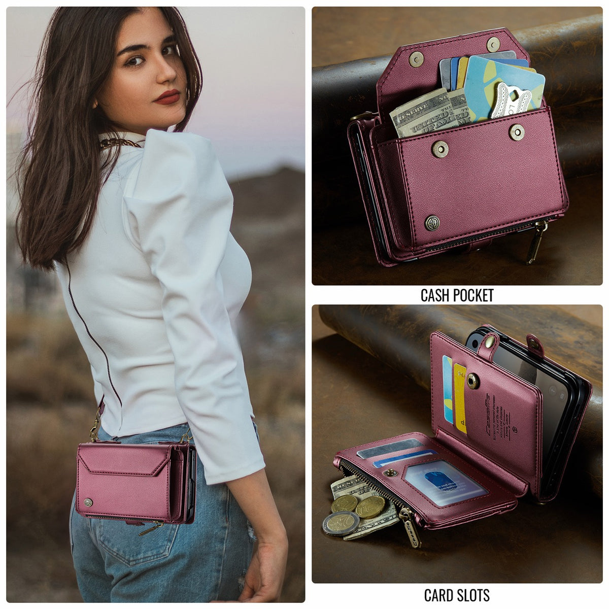 iPhone Duo CaseMe Crossbody Wallet Case with Strap, Card Slots & Zipper Pocket [Maroon]