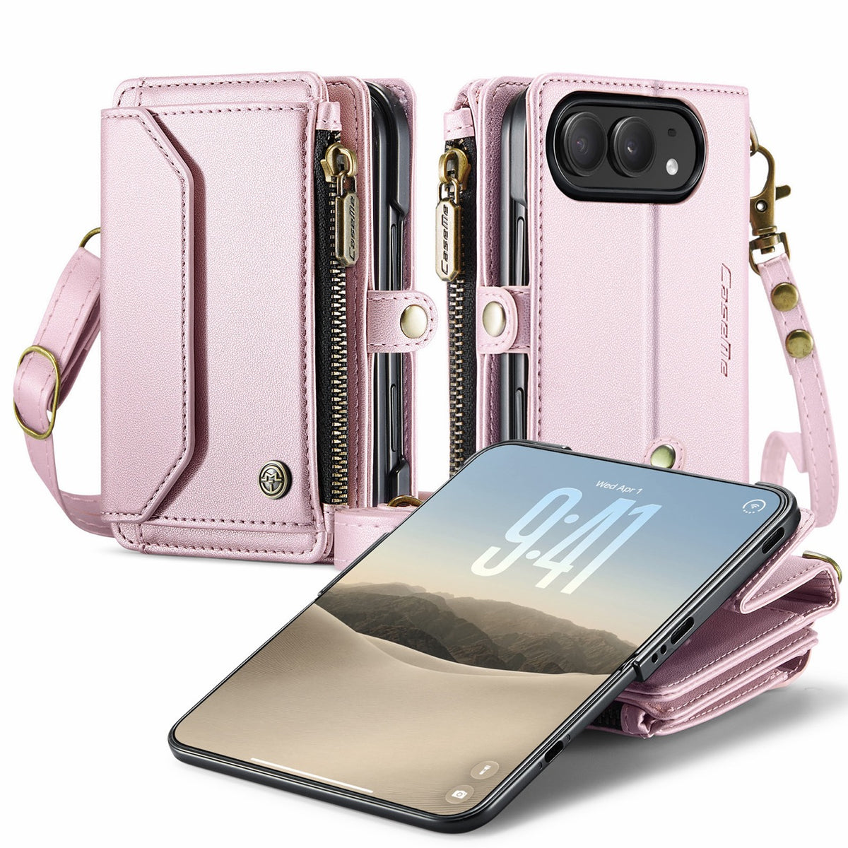 iPhone Duo CaseMe Crossbody Wallet Case with Strap, Card Slots & Zipper Pocket [Pink]