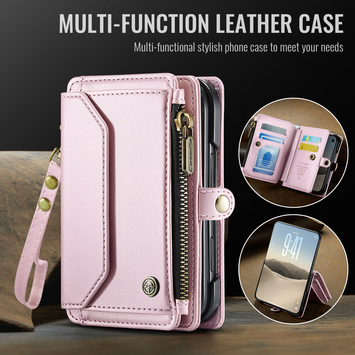 iPhone Duo CaseMe Crossbody Wallet Case with Strap, Card Slots & Zipper Pocket [Pink]