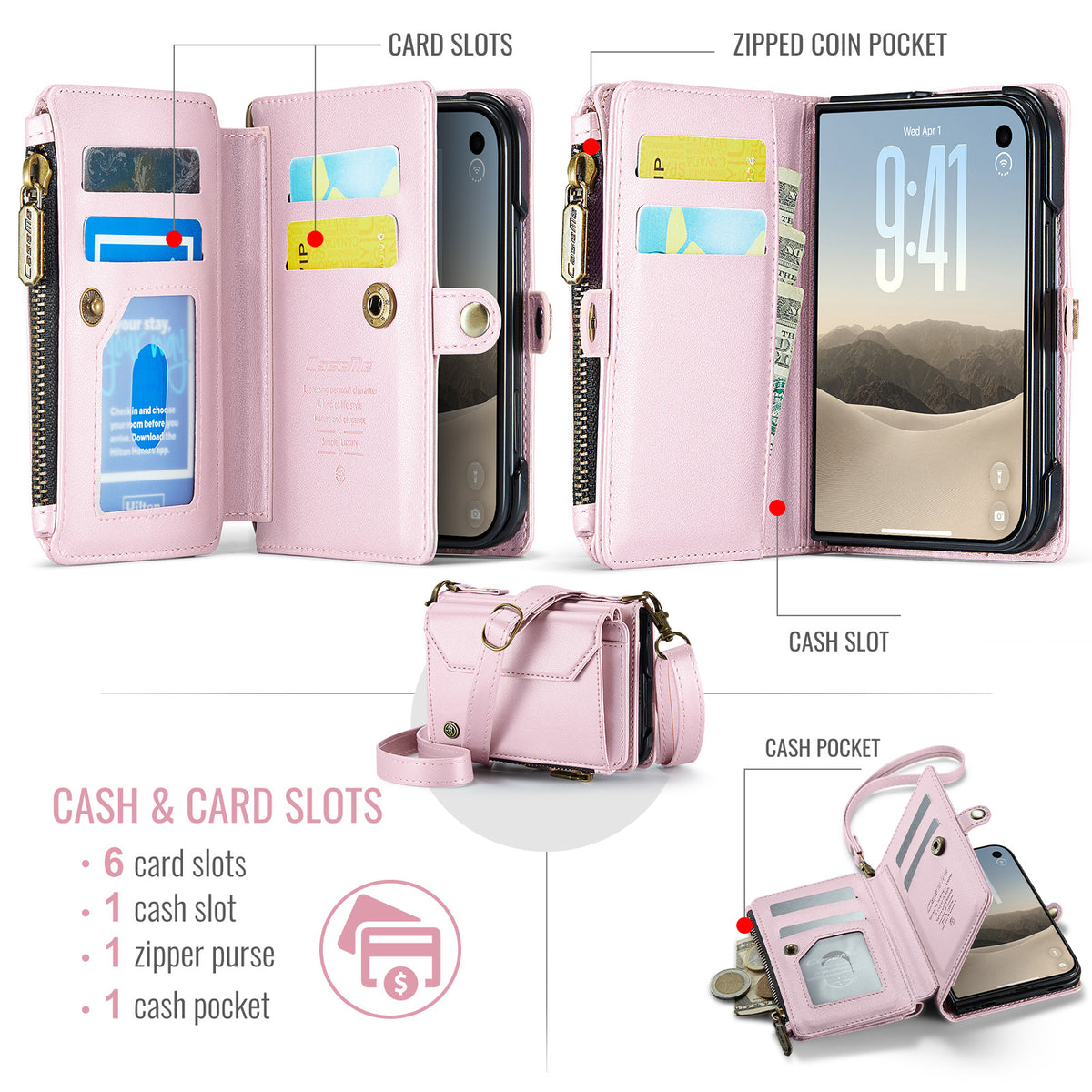 iPhone Duo CaseMe Crossbody Wallet Case with Strap, Card Slots & Zipper Pocket [Pink]