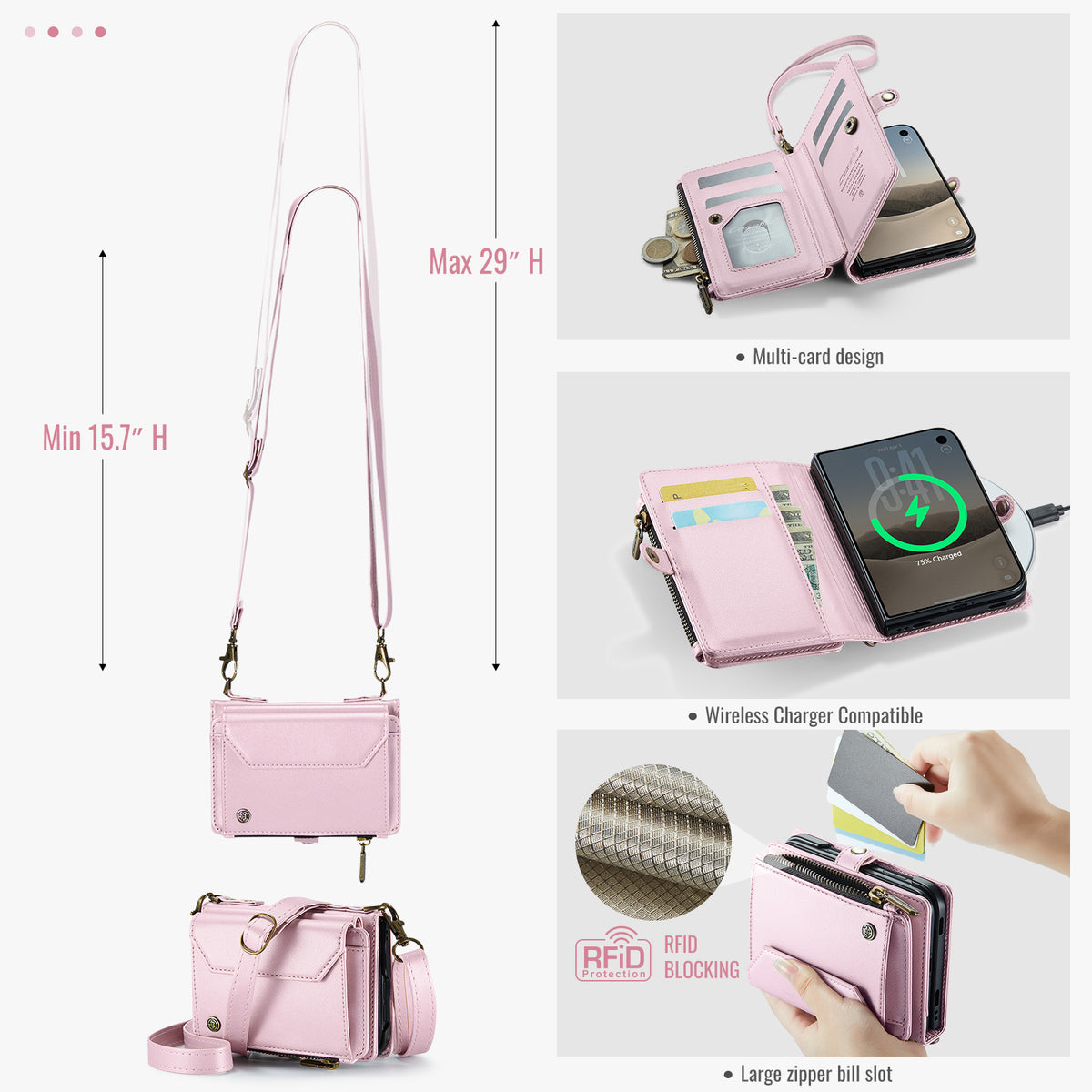 iPhone Duo CaseMe Crossbody Wallet Case with Strap, Card Slots & Zipper Pocket [Pink]