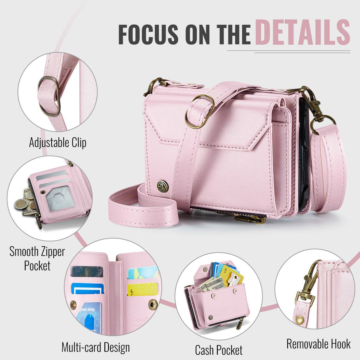iPhone Duo CaseMe Crossbody Wallet Case with Strap, Card Slots & Zipper Pocket [Pink]