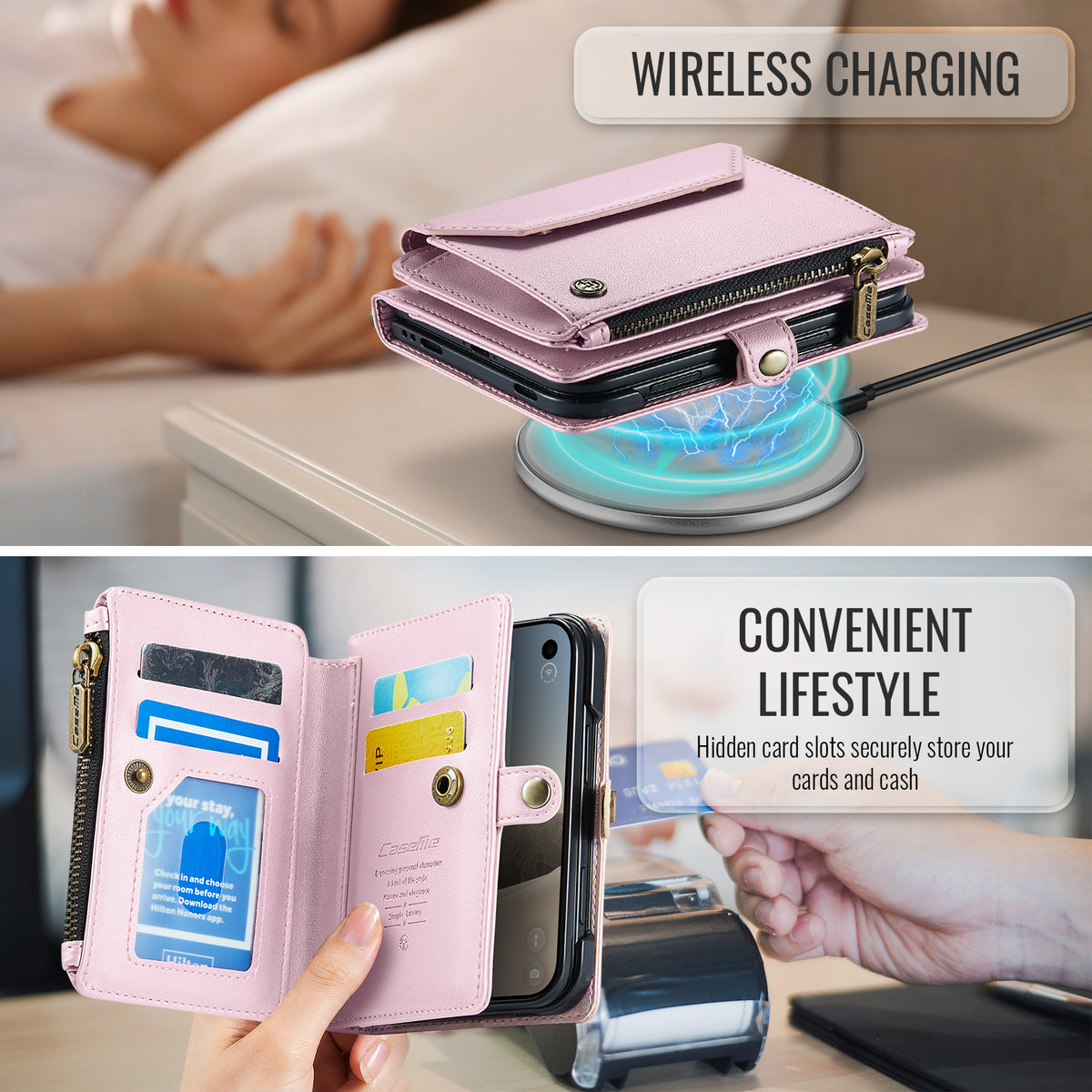 iPhone Duo CaseMe Crossbody Wallet Case with Strap, Card Slots & Zipper Pocket [Pink]