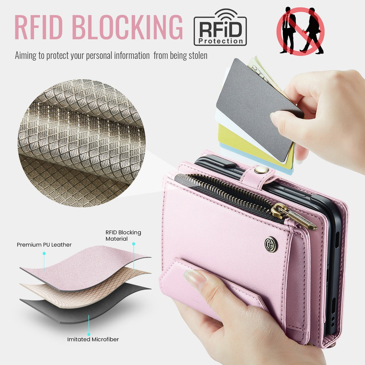iPhone Duo CaseMe Crossbody Wallet Case with Strap, Card Slots & Zipper Pocket [Pink]