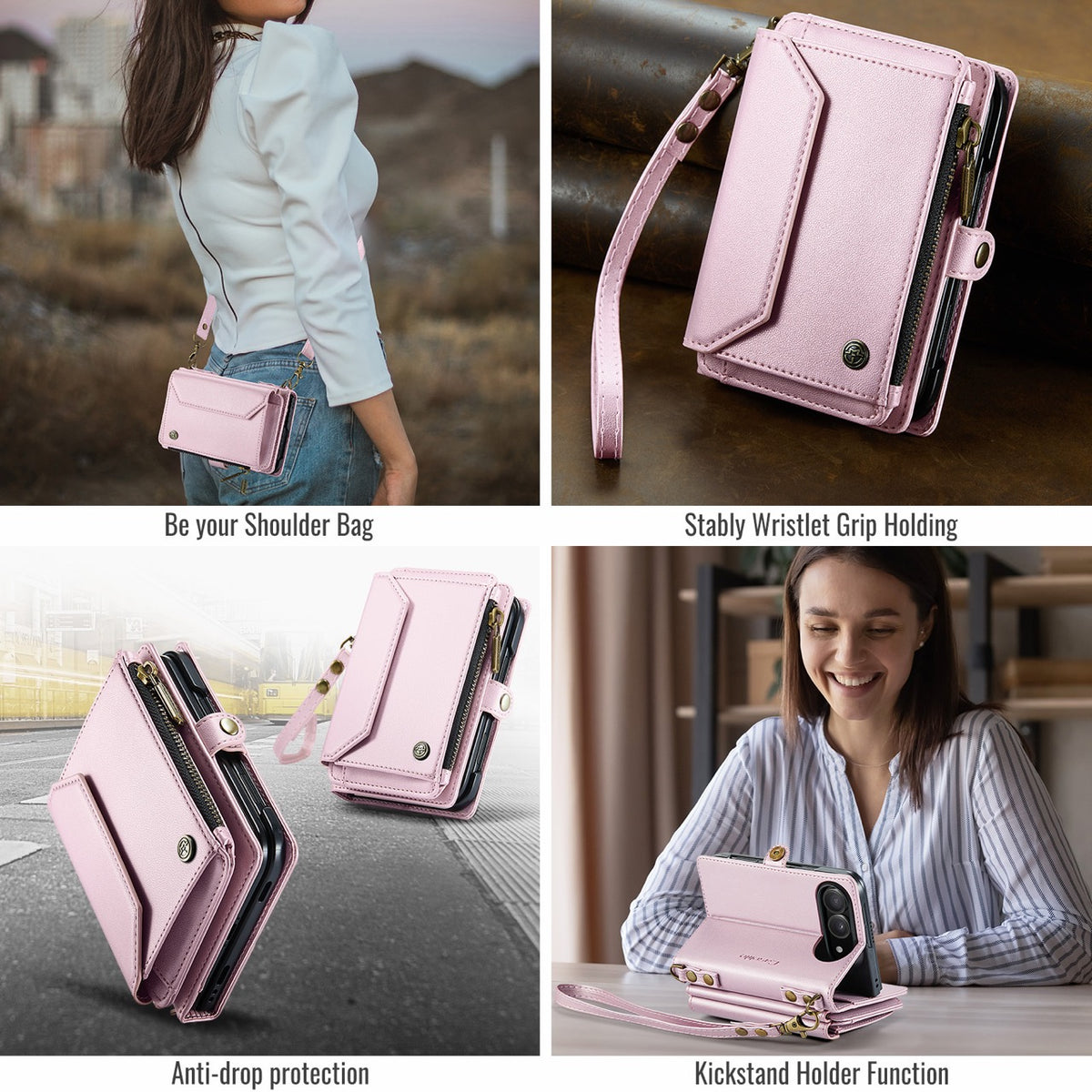 iPhone Duo CaseMe Crossbody Wallet Case with Strap, Card Slots & Zipper Pocket [Pink]