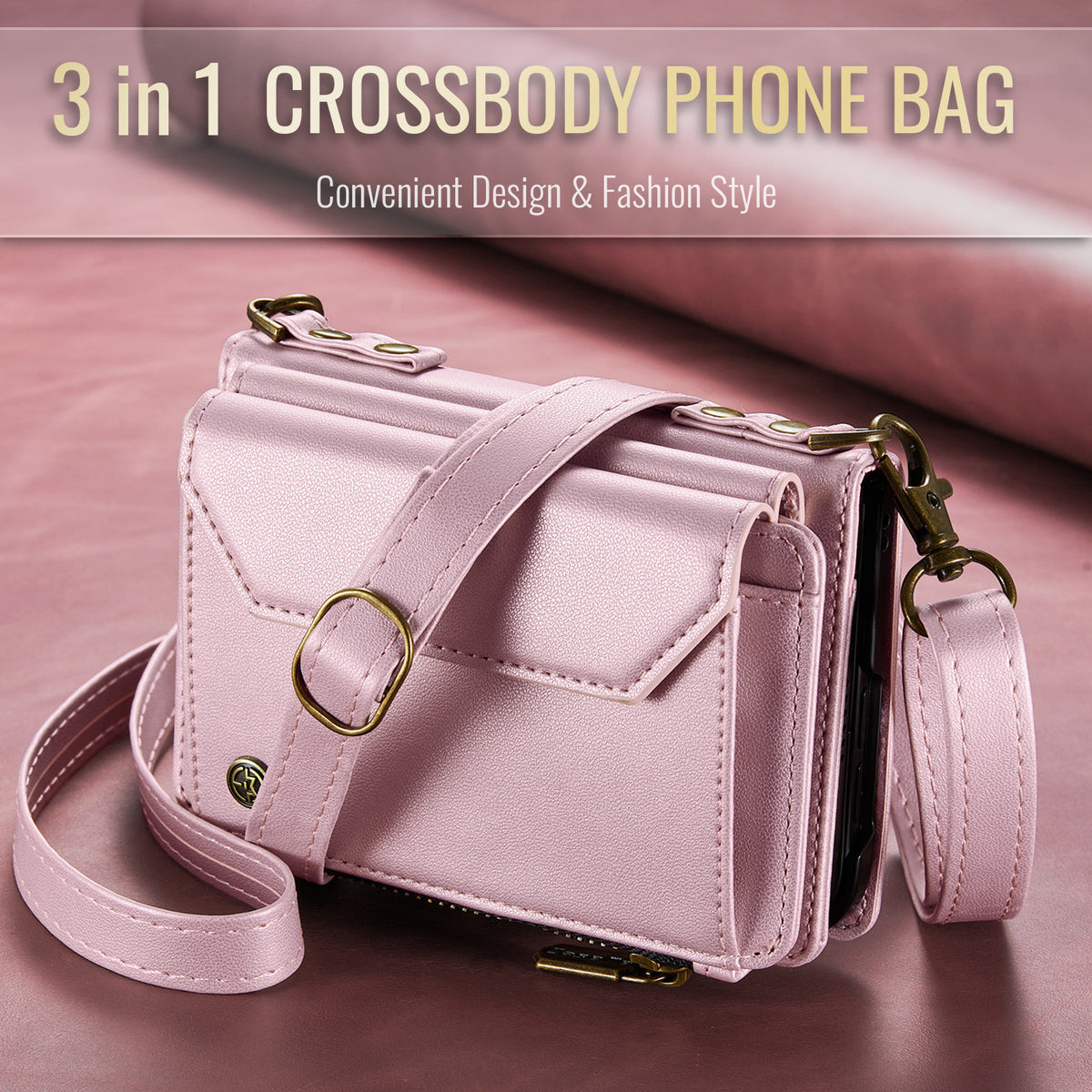 iPhone Duo CaseMe Crossbody Wallet Case with Strap, Card Slots & Zipper Pocket [Pink]