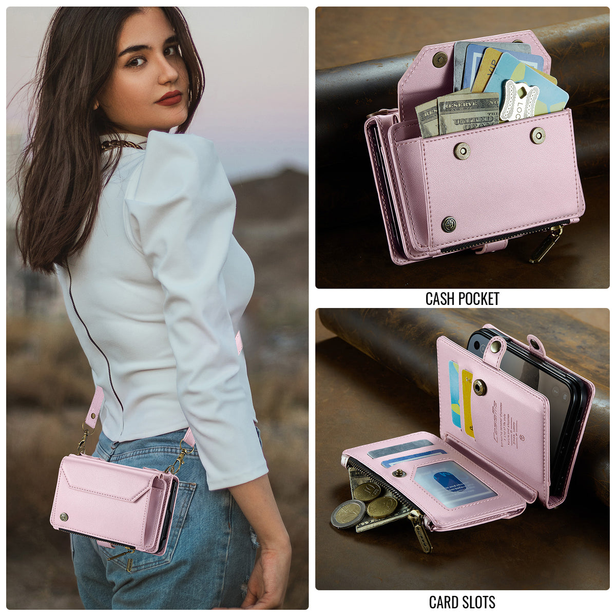 iPhone Duo CaseMe Crossbody Wallet Case with Strap, Card Slots & Zipper Pocket [Pink]