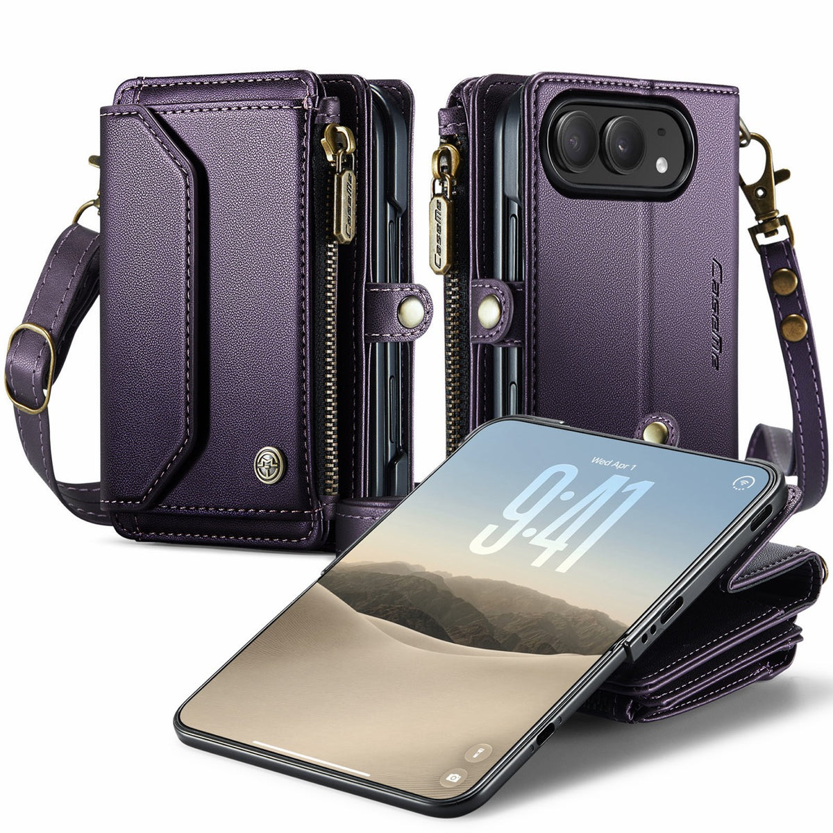 iPhone Duo CaseMe Crossbody Wallet Case with Strap, Card Slots & Zipper Pocket [Purple]