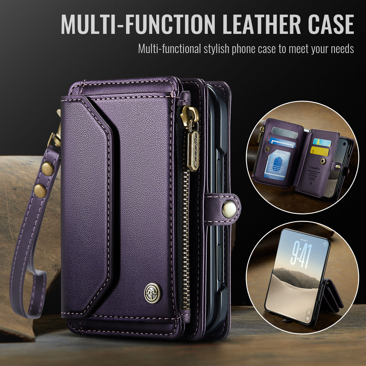 iPhone Duo CaseMe Crossbody Wallet Case with Strap, Card Slots & Zipper Pocket [Purple]