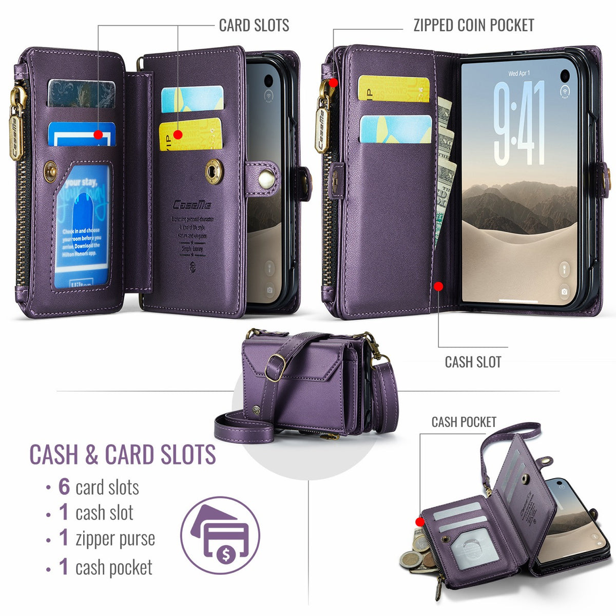 iPhone Duo CaseMe Crossbody Wallet Case with Strap, Card Slots & Zipper Pocket [Purple]