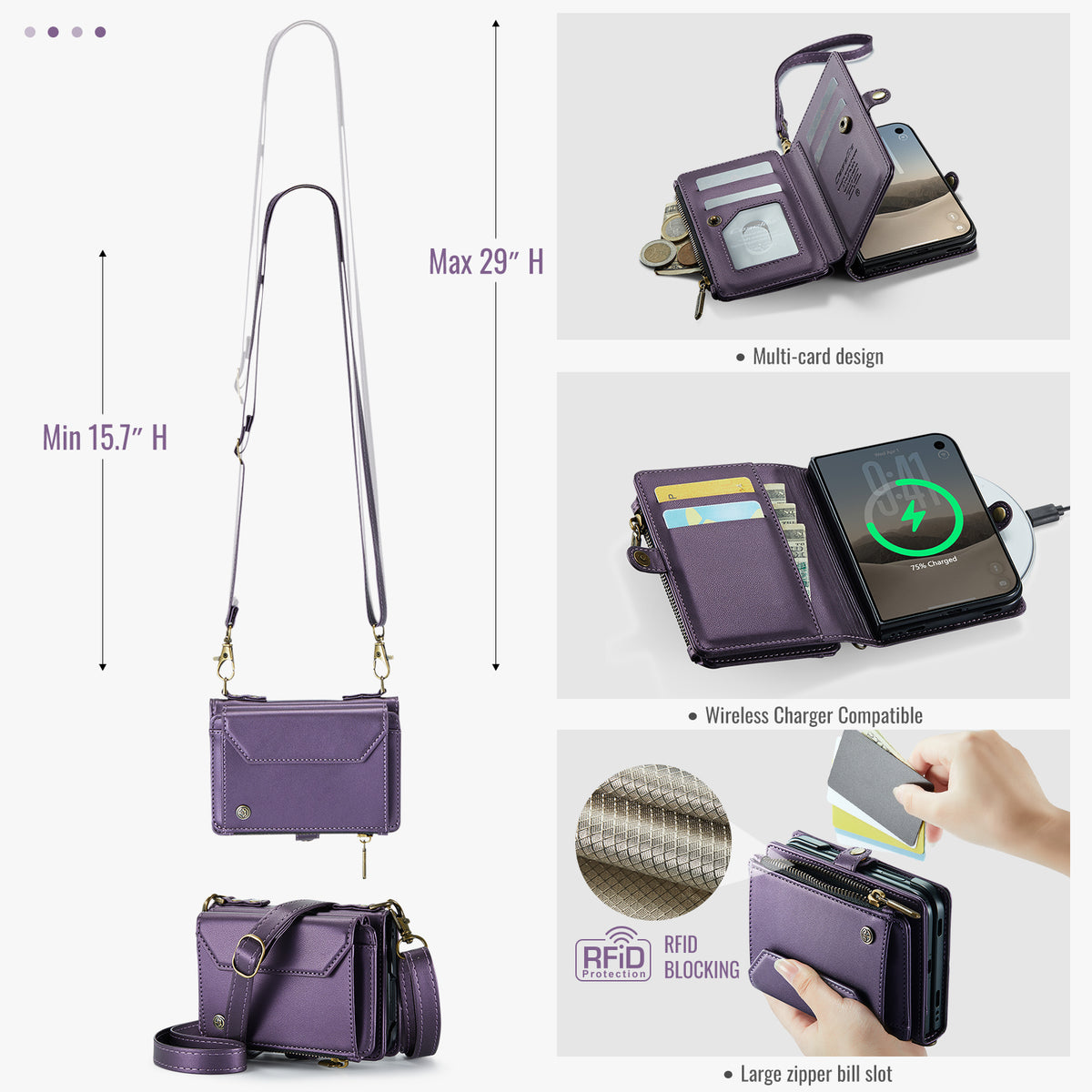 iPhone Duo CaseMe Crossbody Wallet Case with Strap, Card Slots & Zipper Pocket [Purple]