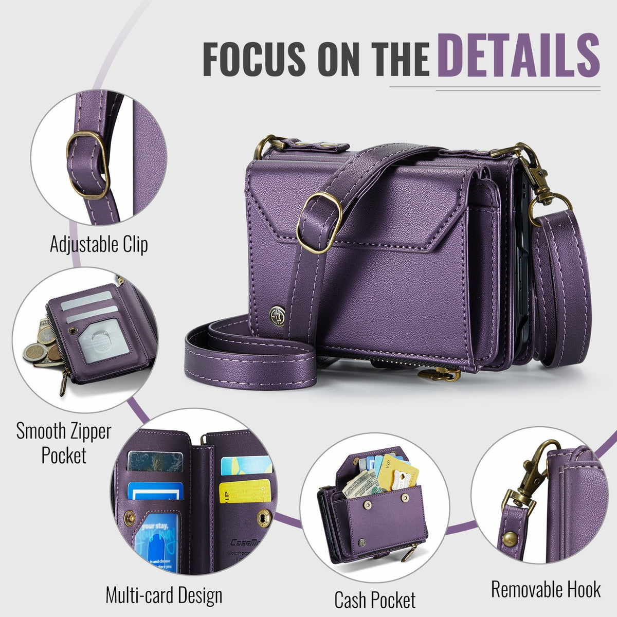 iPhone Duo CaseMe Crossbody Wallet Case with Strap, Card Slots & Zipper Pocket [Purple]