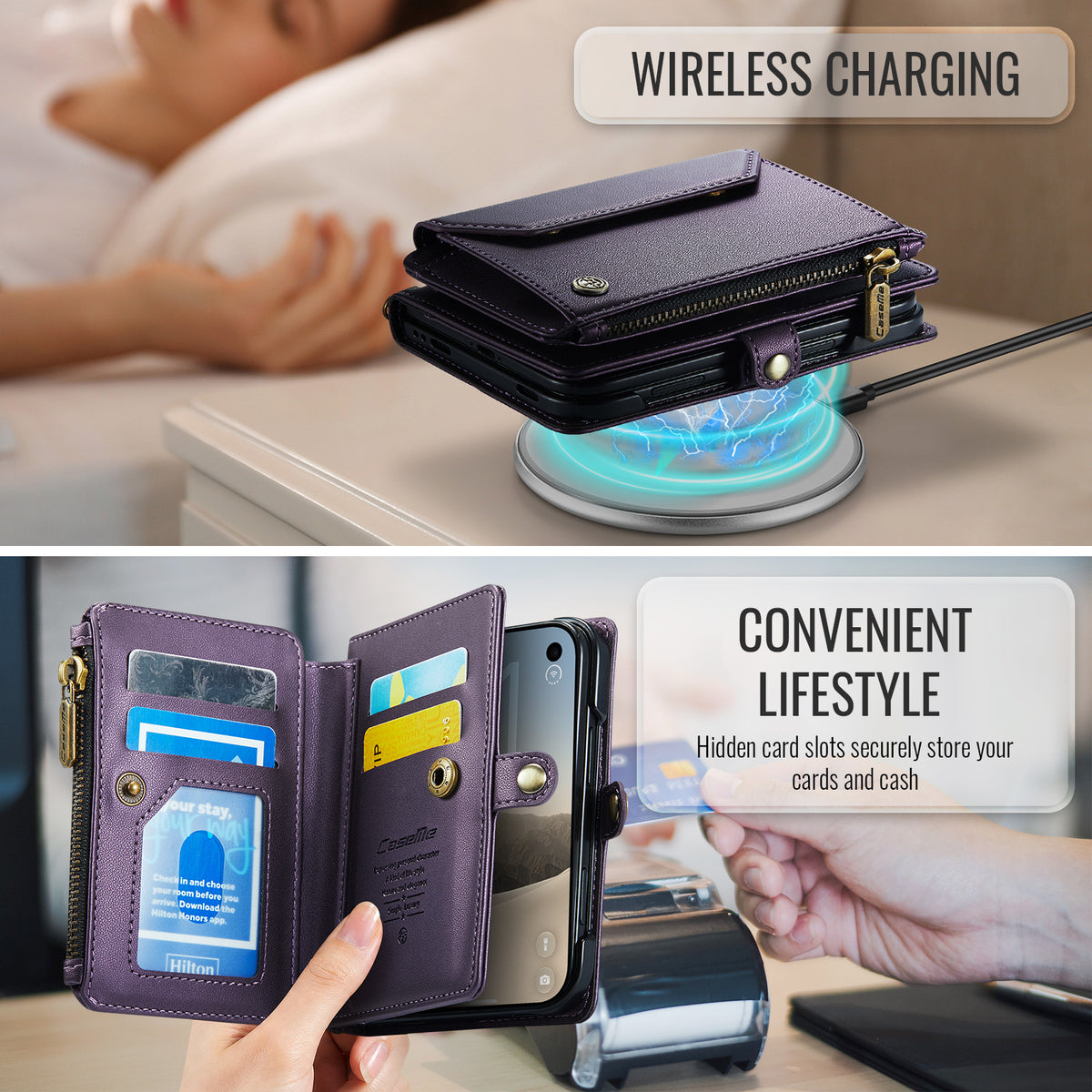 iPhone Duo CaseMe Crossbody Wallet Case with Strap, Card Slots & Zipper Pocket [Purple]