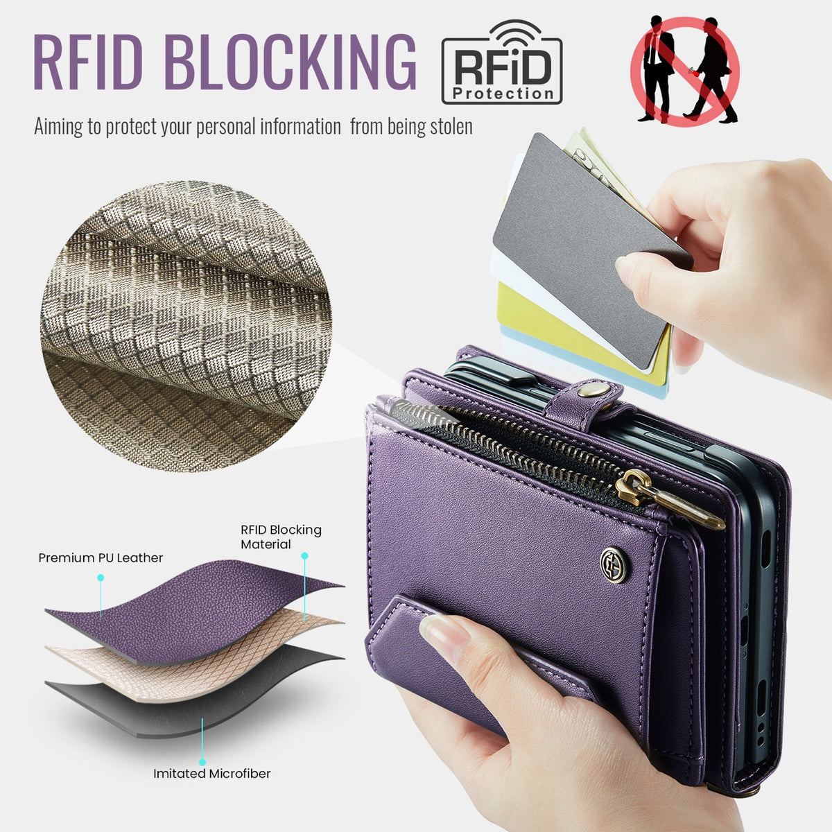 iPhone Duo CaseMe Crossbody Wallet Case with Strap, Card Slots & Zipper Pocket [Purple]