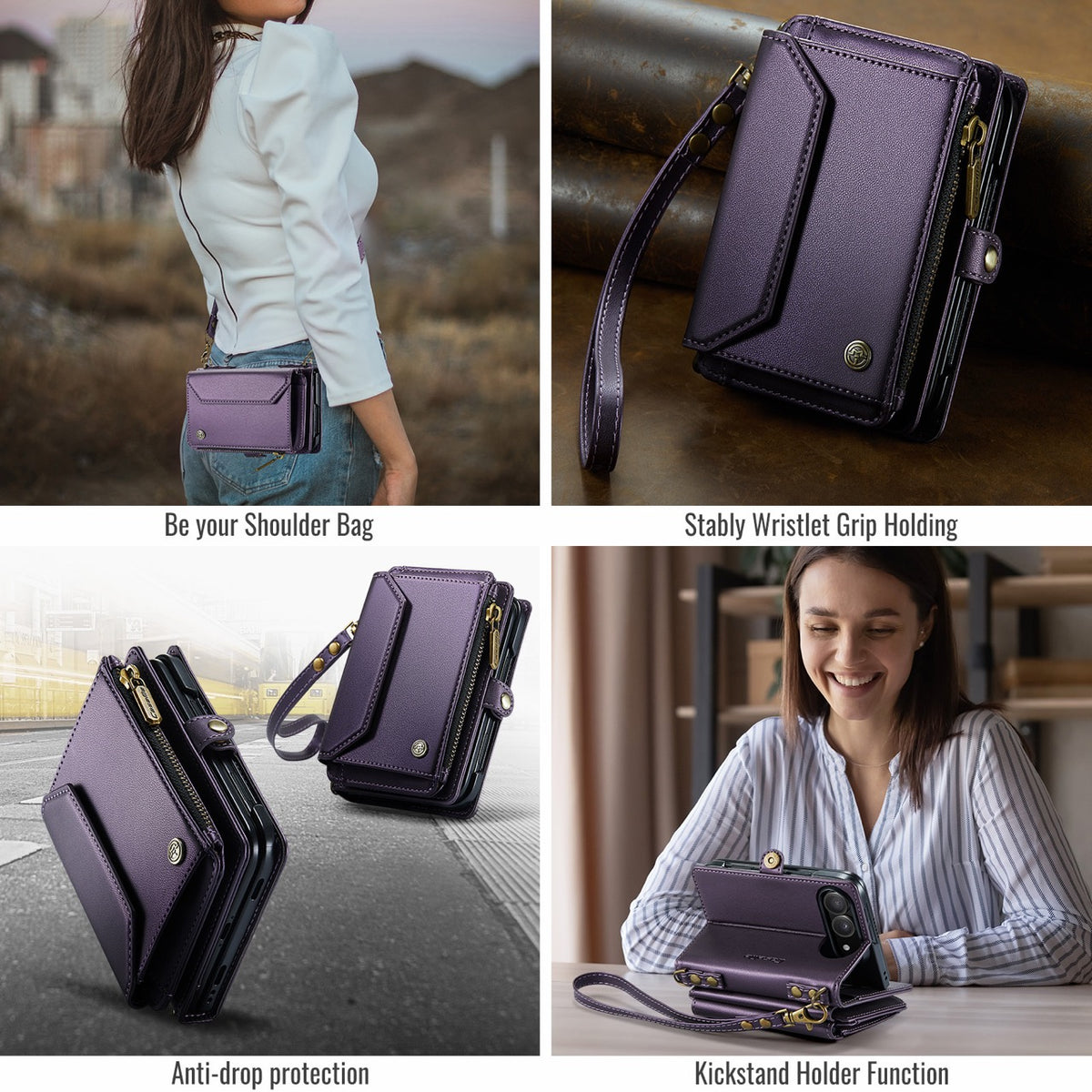 iPhone Duo CaseMe Crossbody Wallet Case with Strap, Card Slots & Zipper Pocket [Purple]