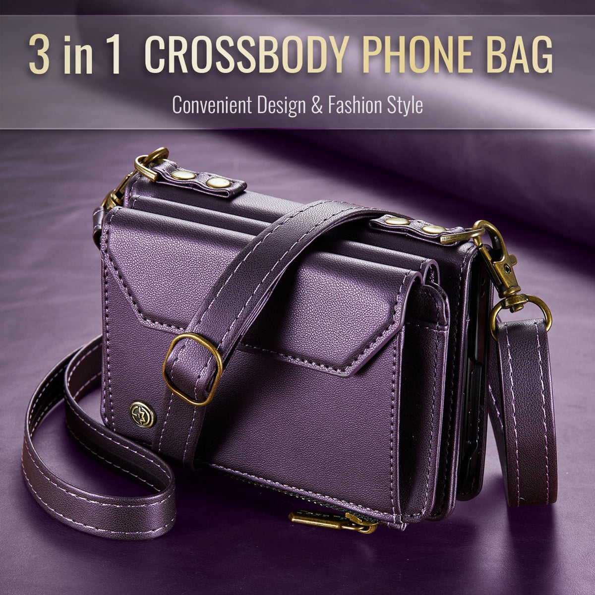 iPhone Duo CaseMe Crossbody Wallet Case with Strap, Card Slots & Zipper Pocket [Purple]
