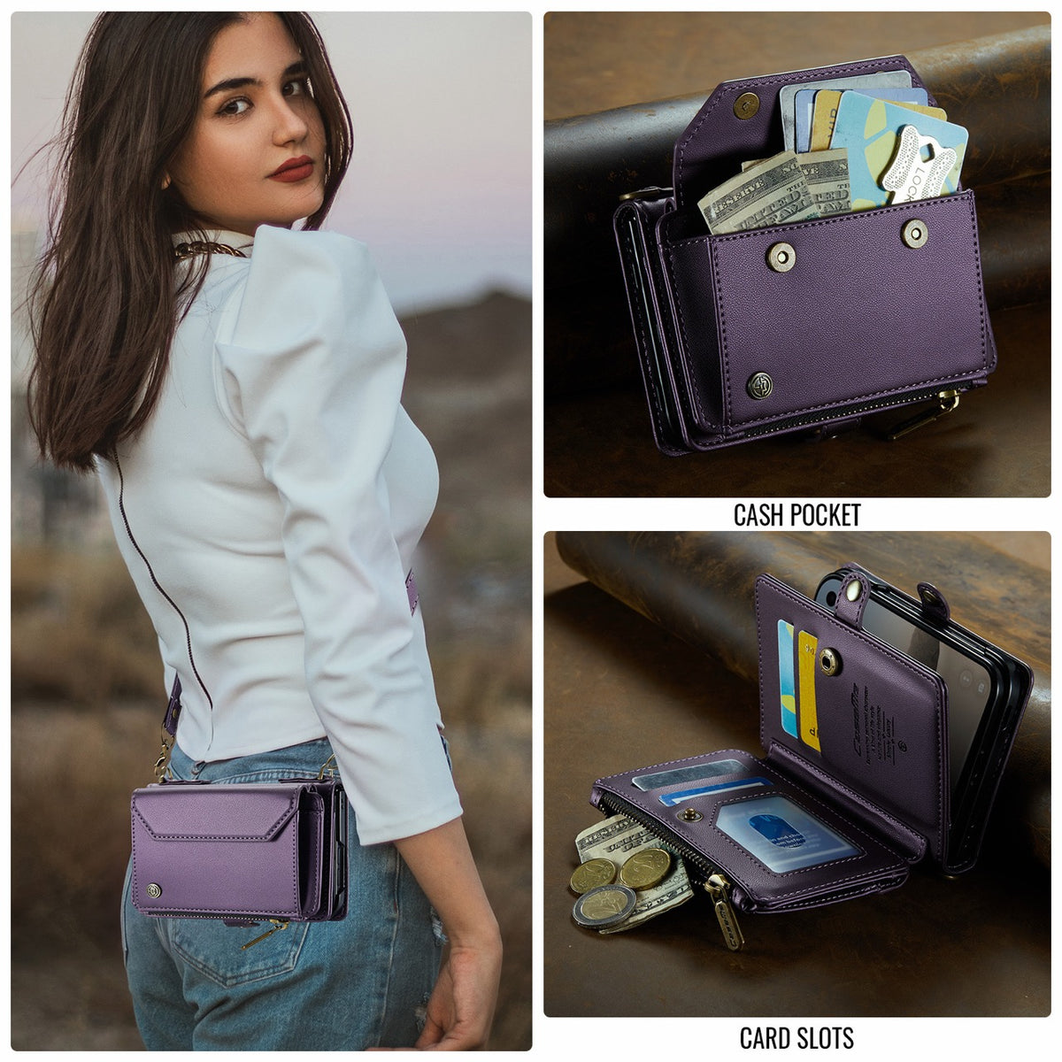 iPhone Duo CaseMe Crossbody Wallet Case with Strap, Card Slots & Zipper Pocket [Purple]
