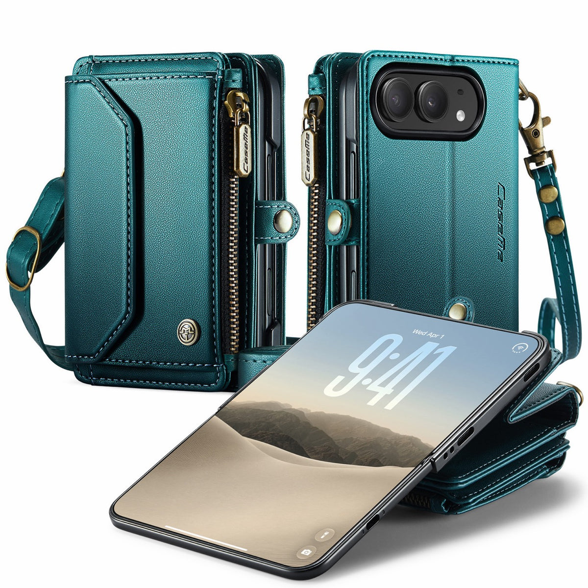 iPhone Duo CaseMe Crossbody Wallet Case with Strap, Card Slots & Zipper Pocket [Teal]