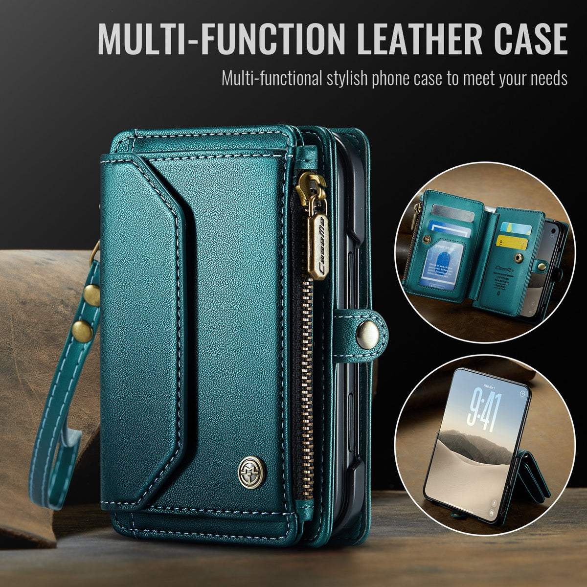iPhone Duo CaseMe Crossbody Wallet Case with Strap, Card Slots & Zipper Pocket [Teal]