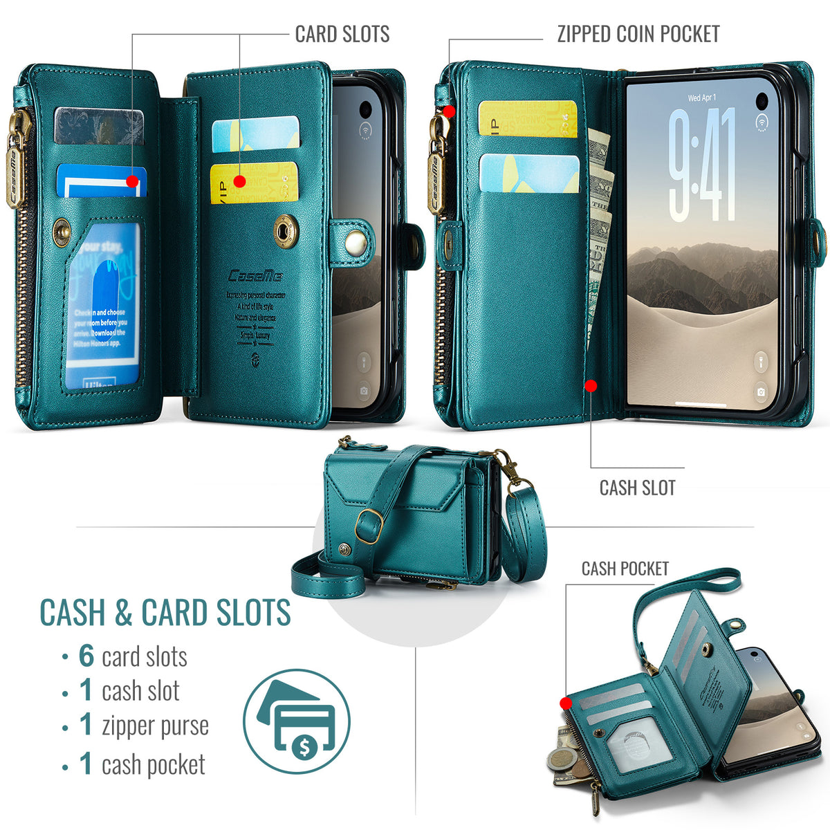 iPhone Duo CaseMe Crossbody Wallet Case with Strap, Card Slots & Zipper Pocket [Teal]