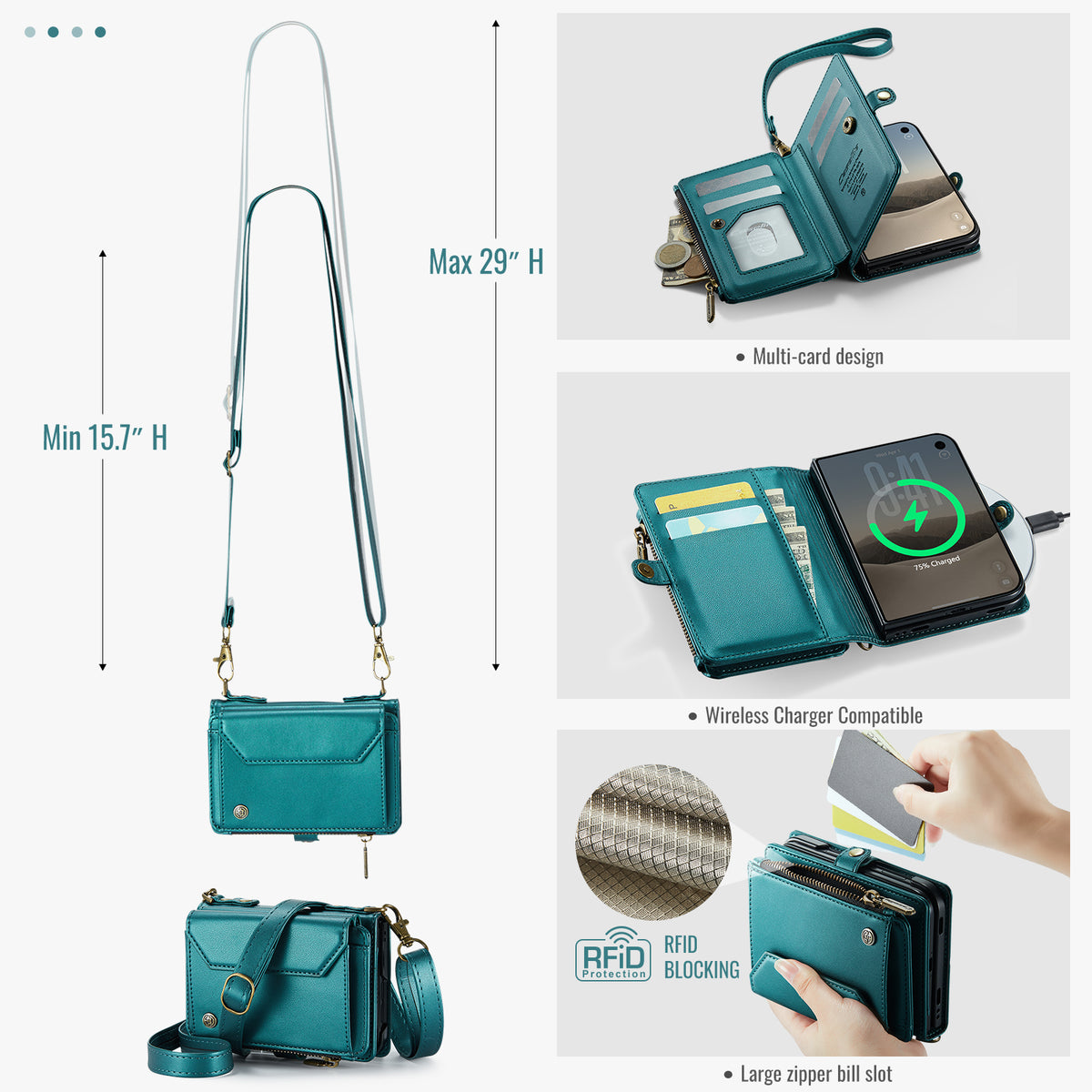 iPhone Duo CaseMe Crossbody Wallet Case with Strap, Card Slots & Zipper Pocket [Teal]