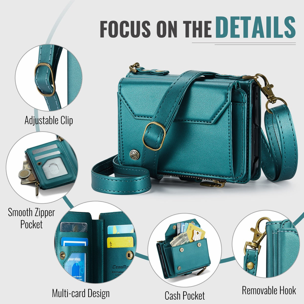 iPhone Duo CaseMe Crossbody Wallet Case with Strap, Card Slots & Zipper Pocket [Teal]