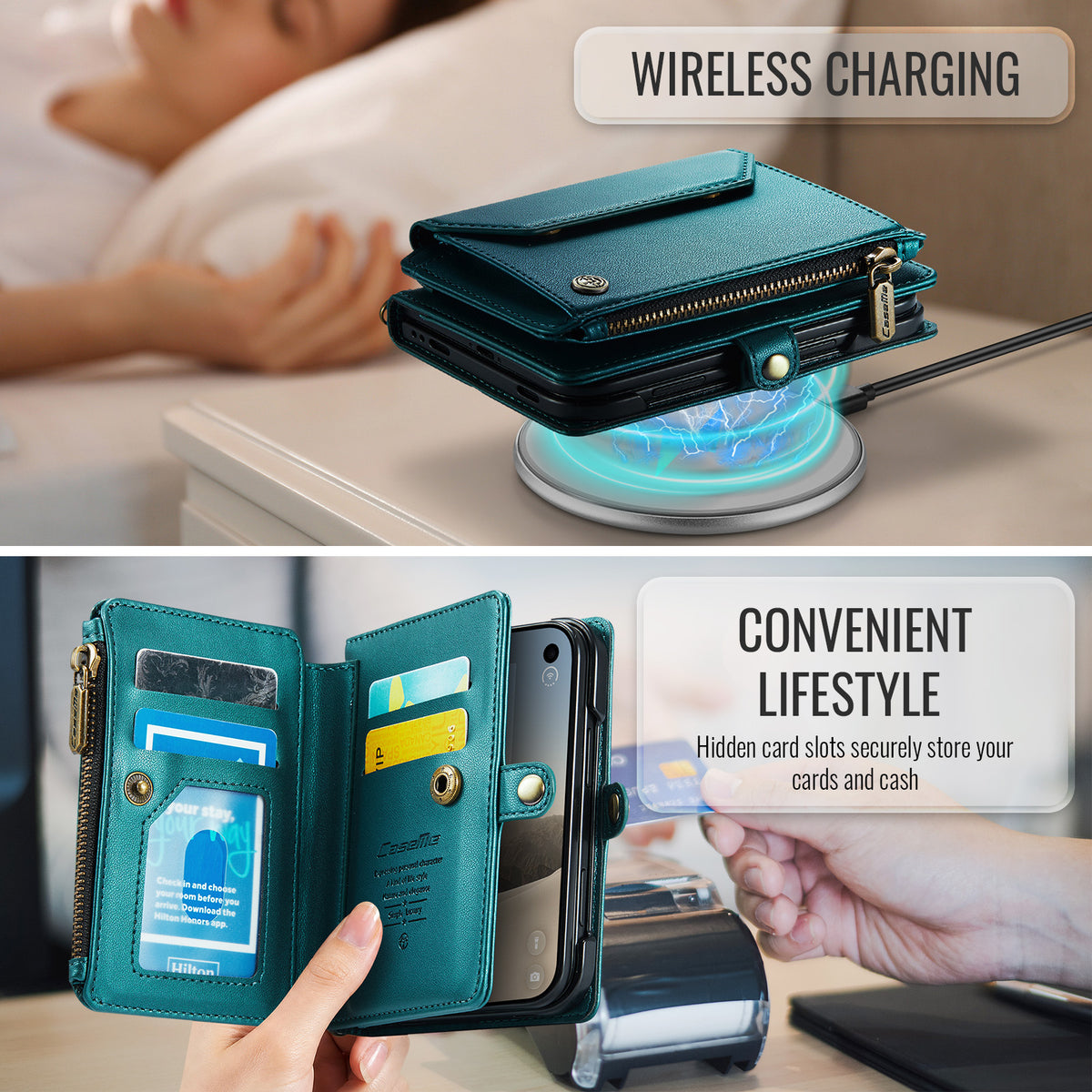 iPhone Duo CaseMe Crossbody Wallet Case with Strap, Card Slots & Zipper Pocket [Teal]