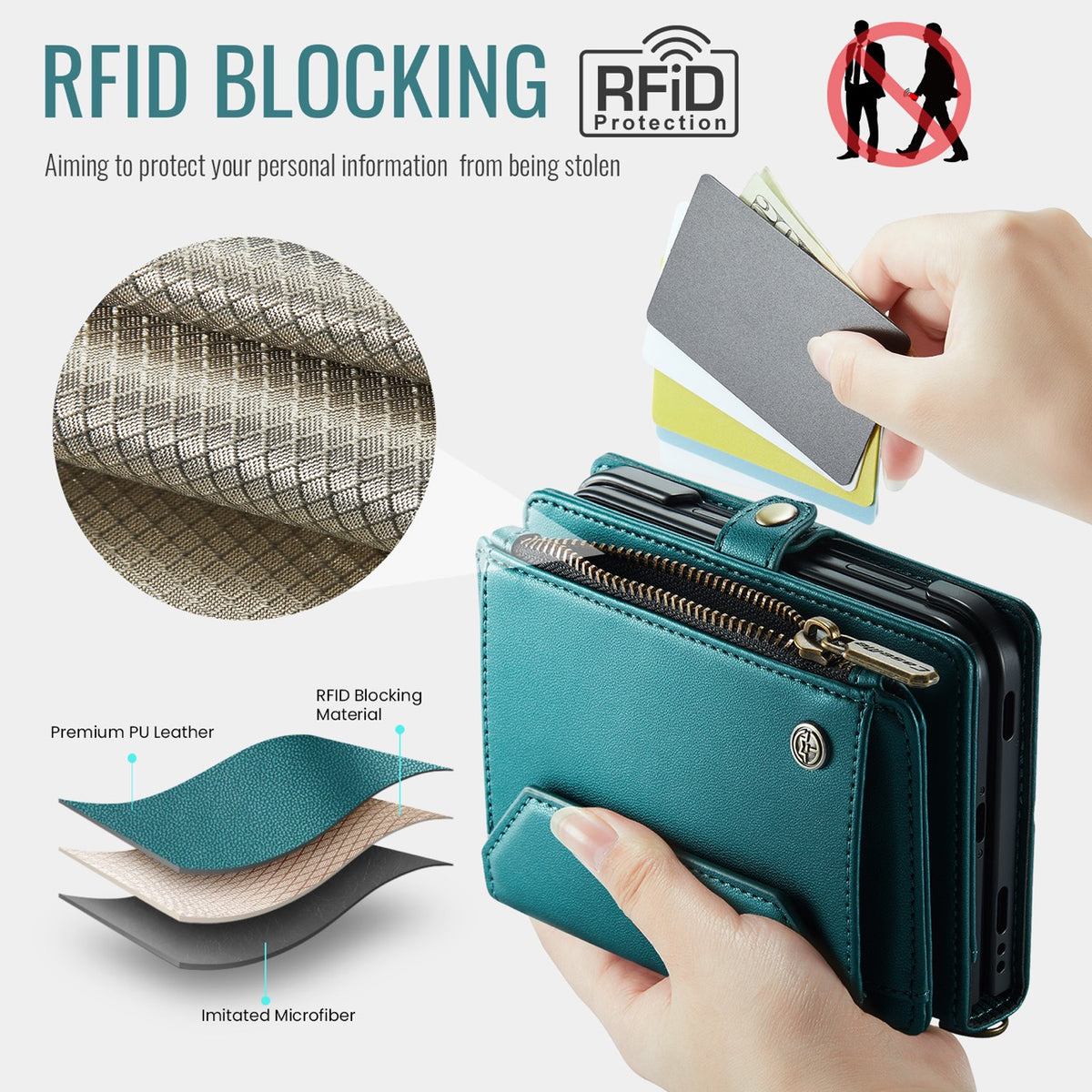 iPhone Duo CaseMe Crossbody Wallet Case with Strap, Card Slots & Zipper Pocket [Teal]