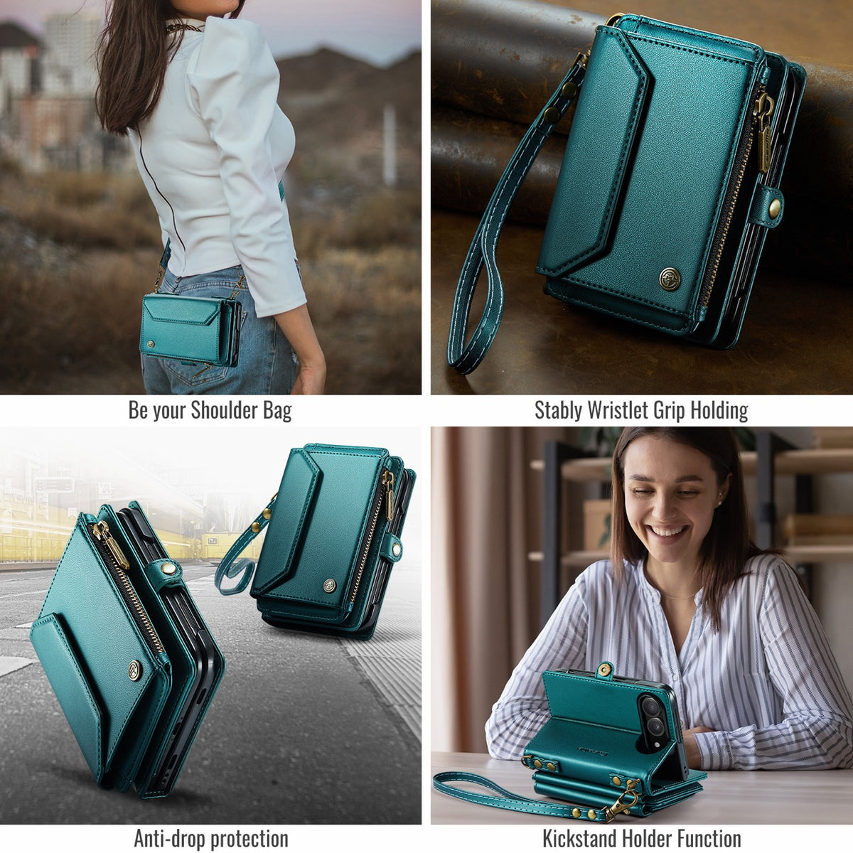 iPhone Duo CaseMe Crossbody Wallet Case with Strap, Card Slots & Zipper Pocket [Teal]