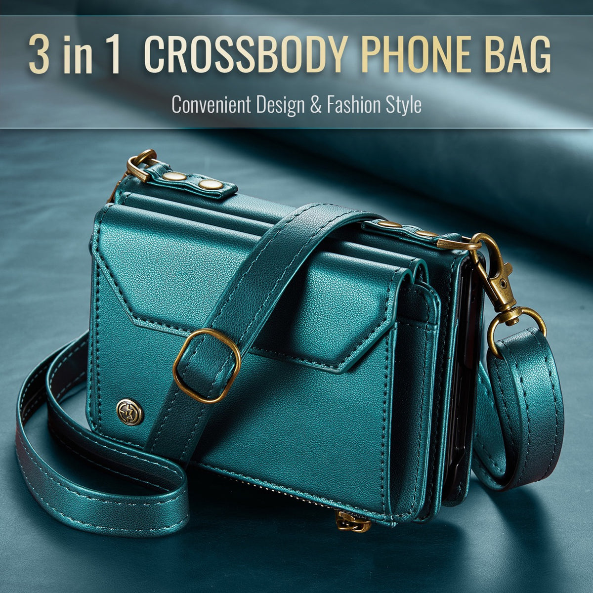 iPhone Duo CaseMe Crossbody Wallet Case with Strap, Card Slots & Zipper Pocket [Teal]